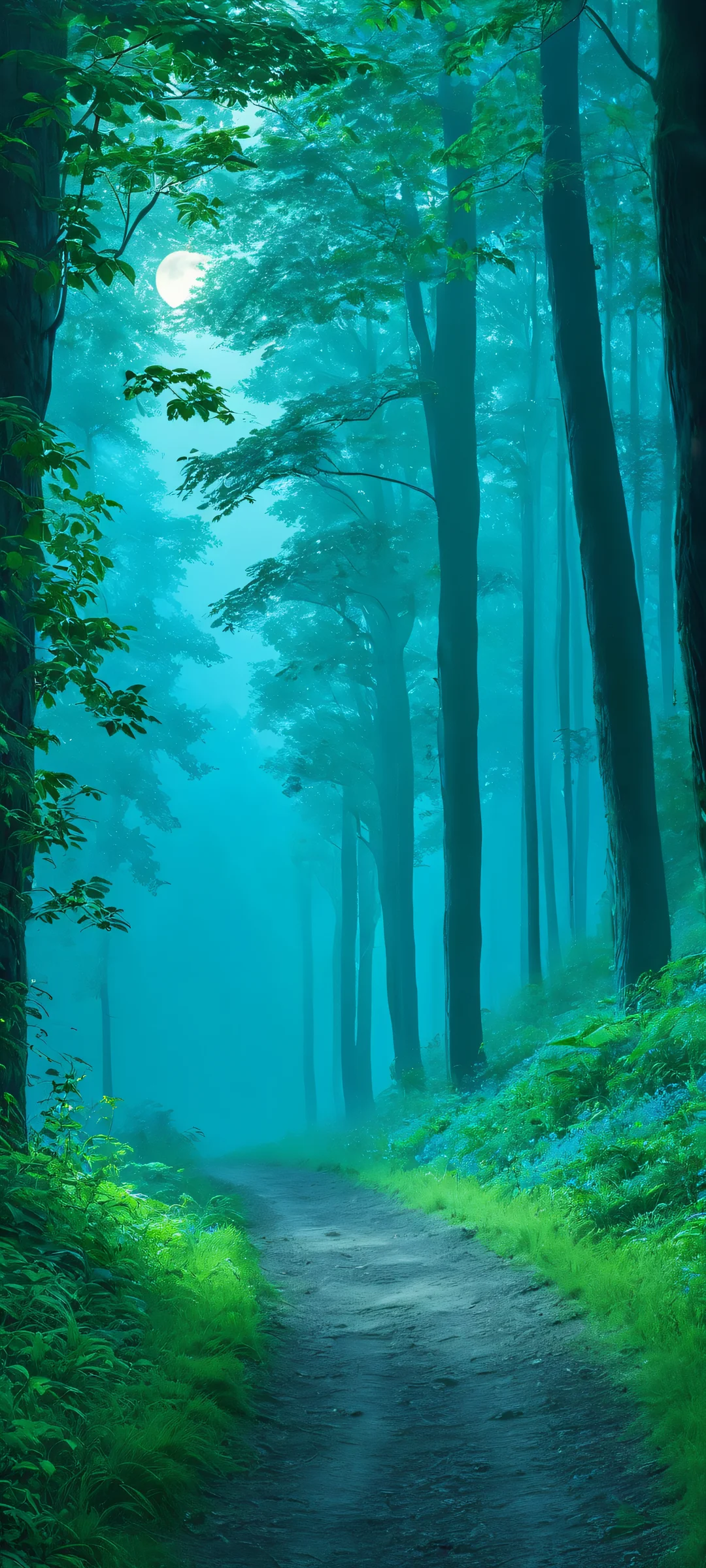 A misty night scene of a forest path under the light of the full moon, perfect for iPhone/Android home screens.