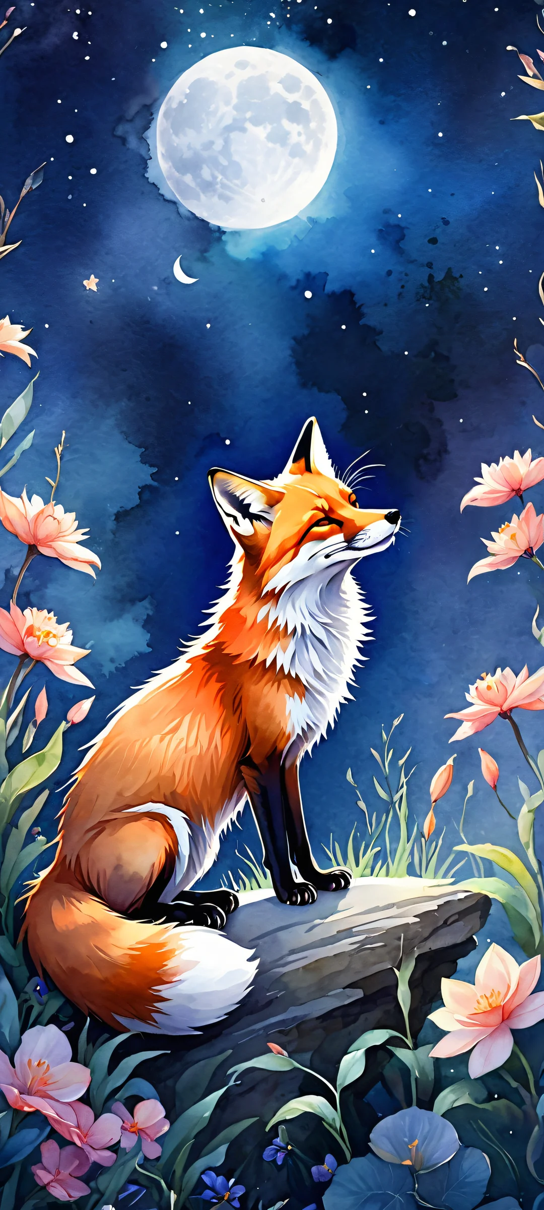 Ethereal moonlit forest scene featuring a majestic fox surrounded by lush greenery and serene water. Perfect for iPhone/Android home screens.