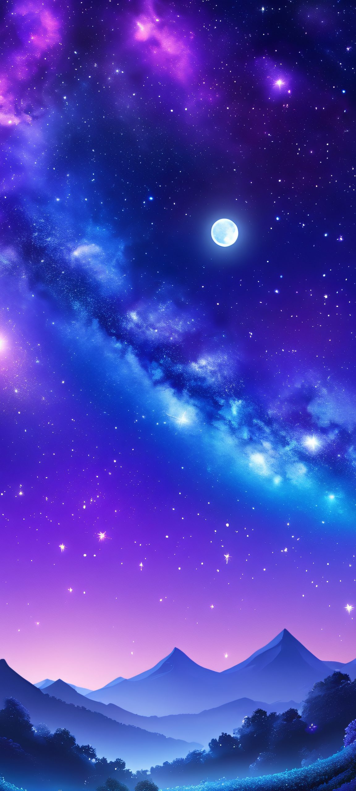 iPhone/Android wallpaper of a whimsical moonlit galaxy with deep blues, sparkling whites, and soft purples