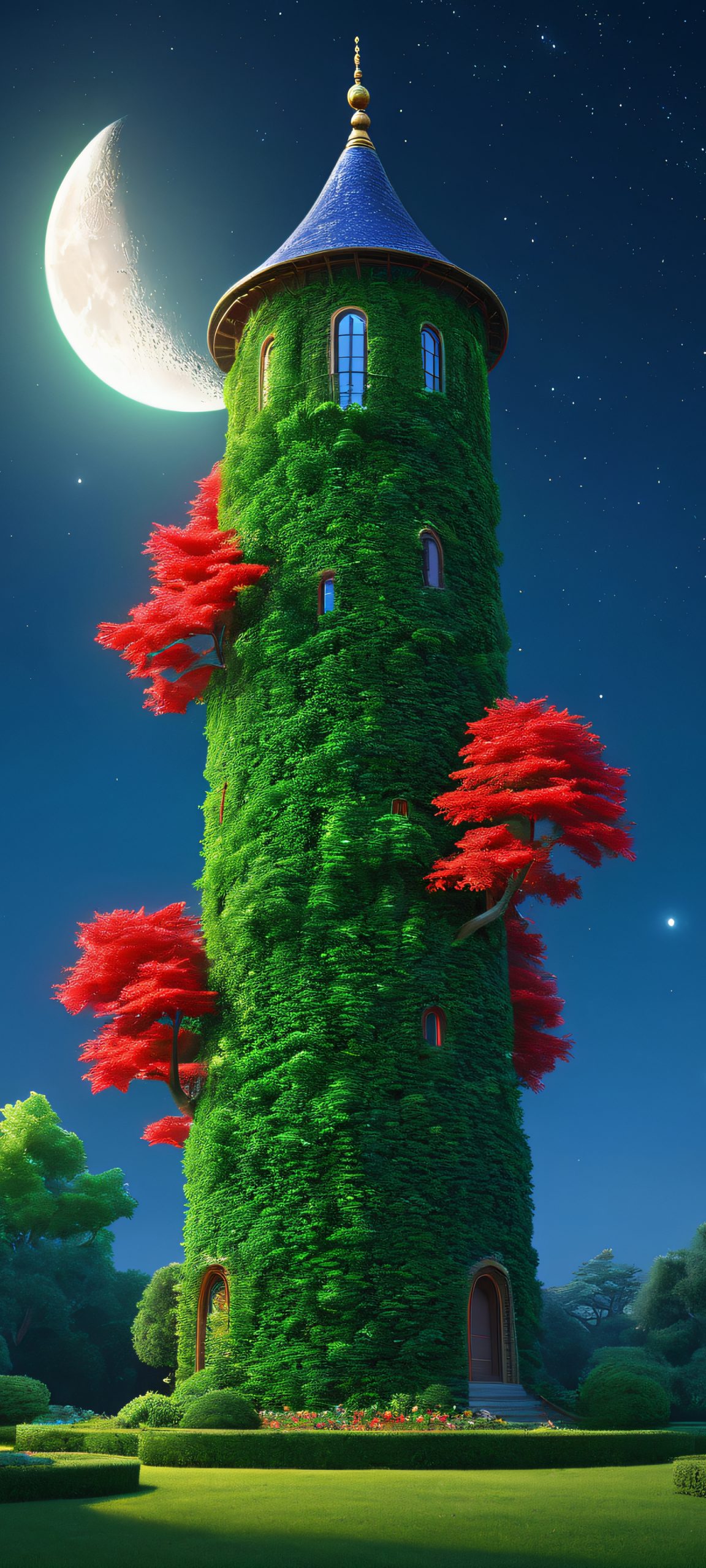 Beautiful nighttime scene of a garden tower with vibrant colors and intricate details, perfectly suited for iPhone and Android home screens.