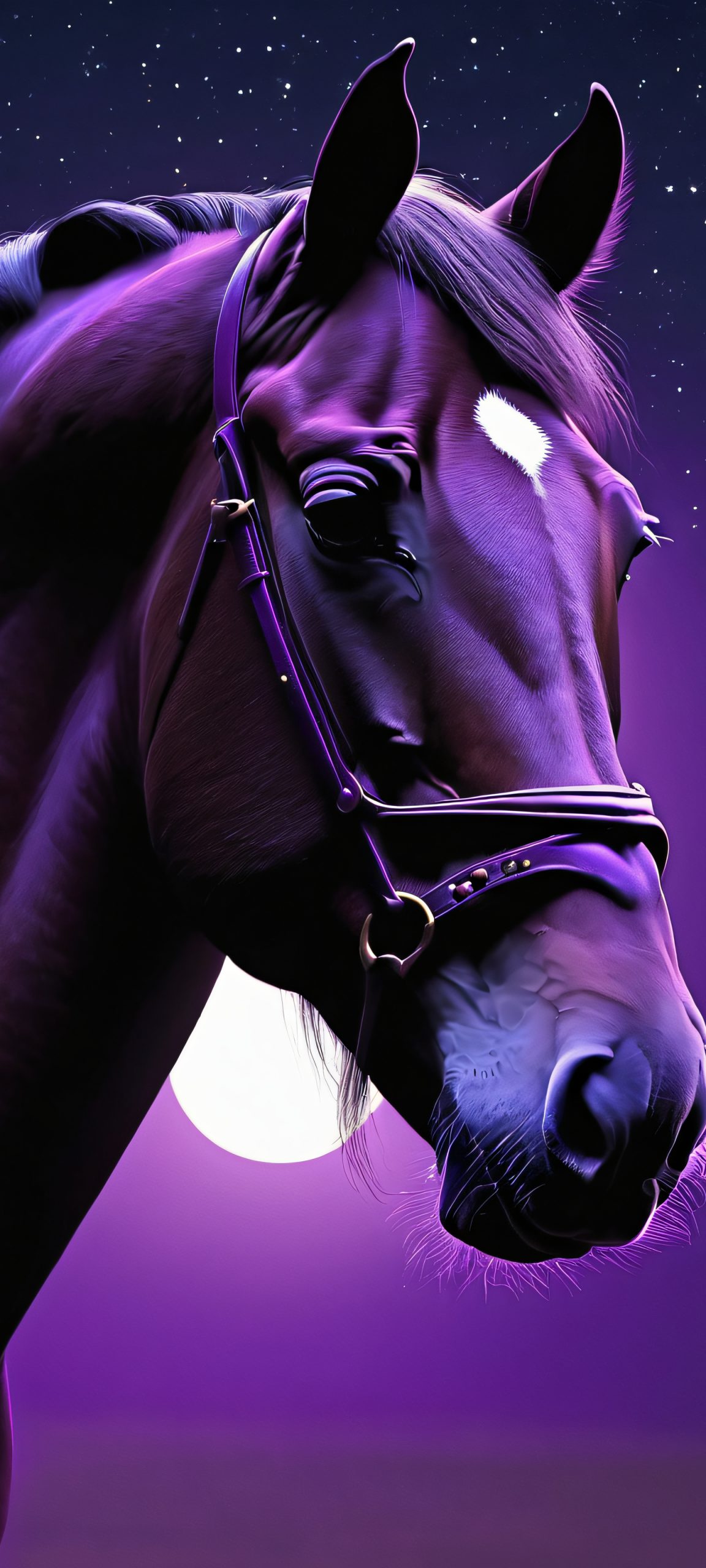 iPhone and Android compatible wallpaper of a majestic horse under a purple night sky with the moon shining bright