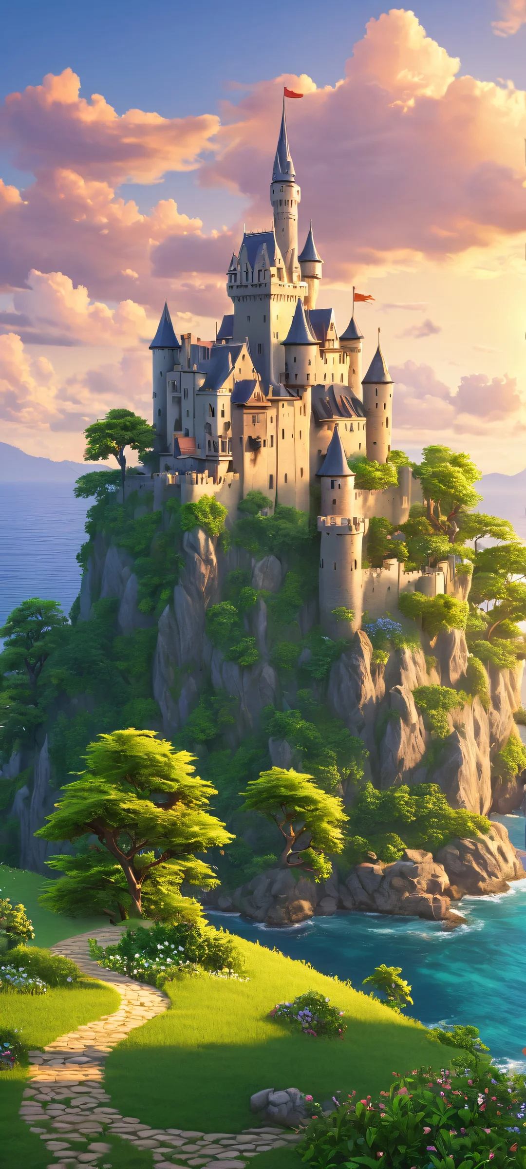 A serene and enchanting castle scene at dusk, perfectly suited for iPhone/Android home screens.
