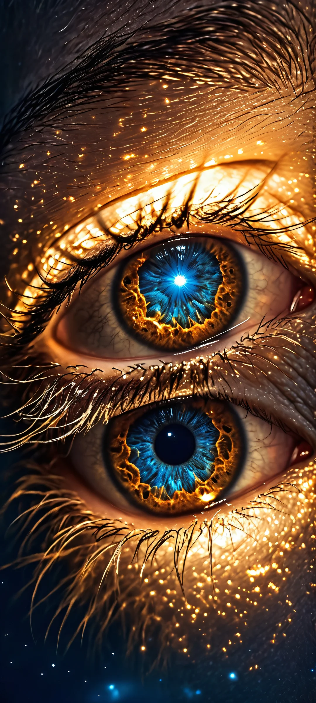 Moonlit Jawa Lock Screen for iOS & Android iPhone and Android wallpaper featuring a photorealistic glowing eye in the night sky with moonlit golden brown hues and deep blues.