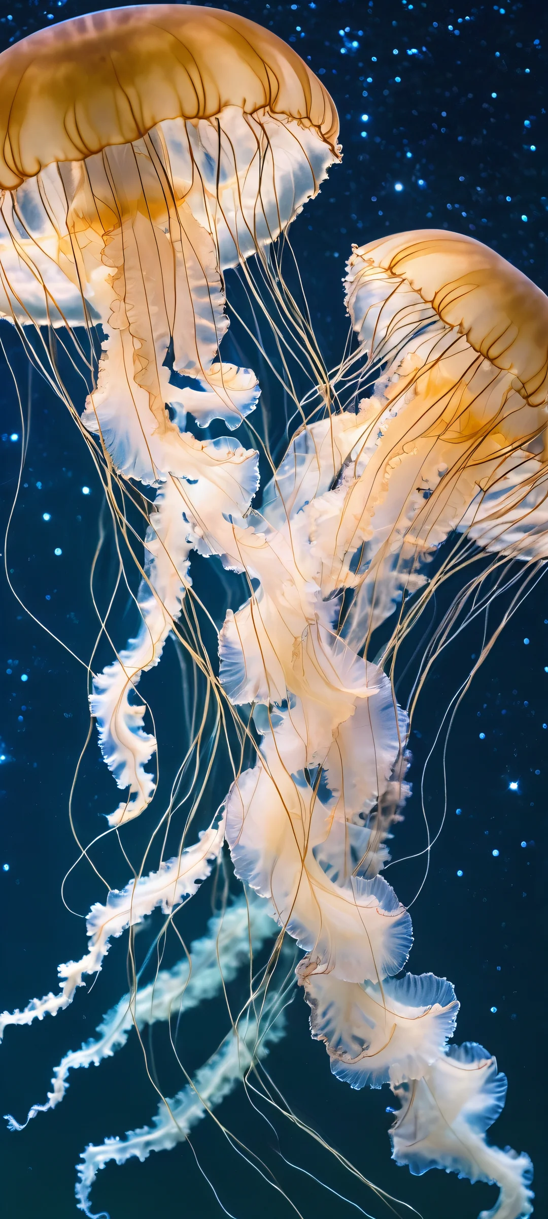 A stunning vertical mobile wallpaper featuring jellyfish dancing under the moonlit night sky, perfect for iPhone/Android home screens.
