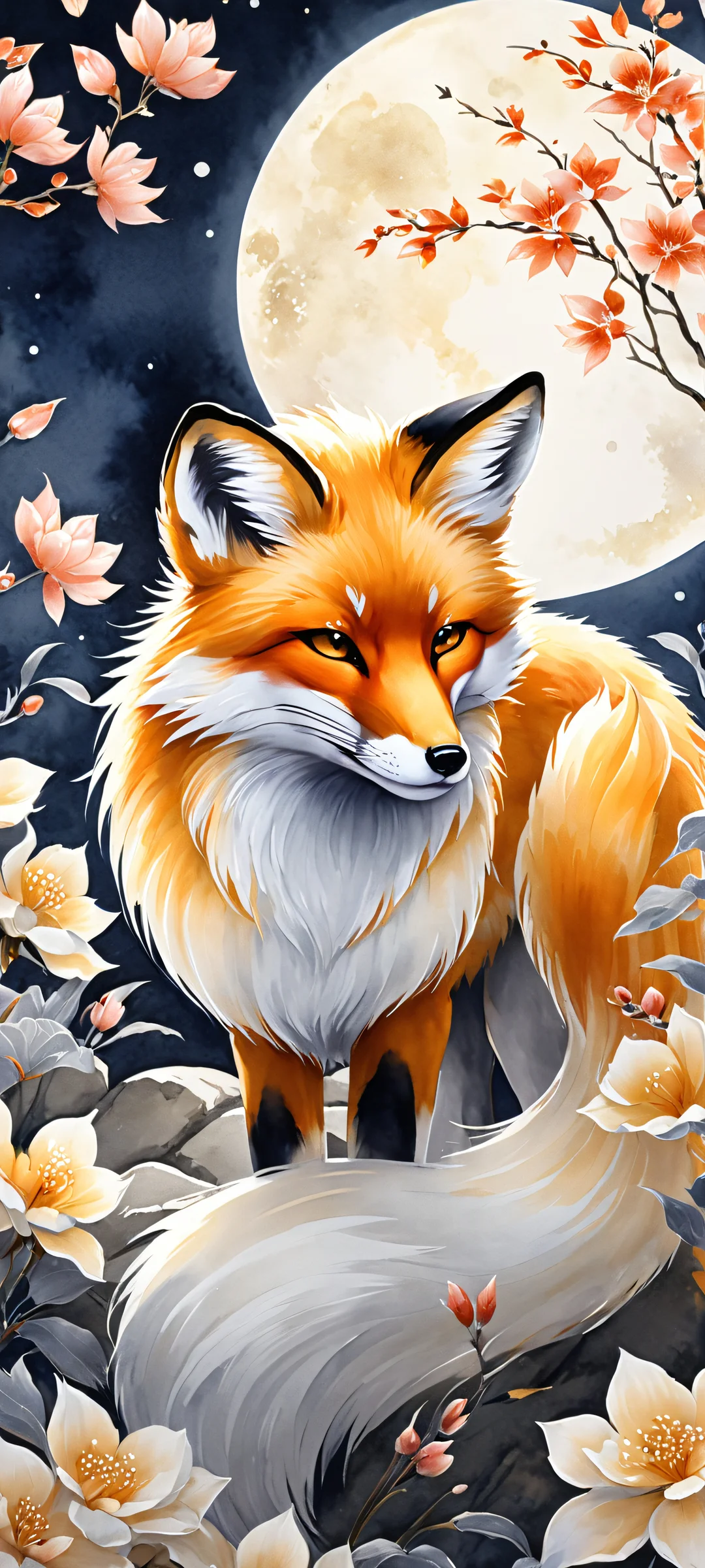 Beautiful illustration of a kitsune fox spirit surrounded by moonlit garden, perfect for iPhone/Android home screens.