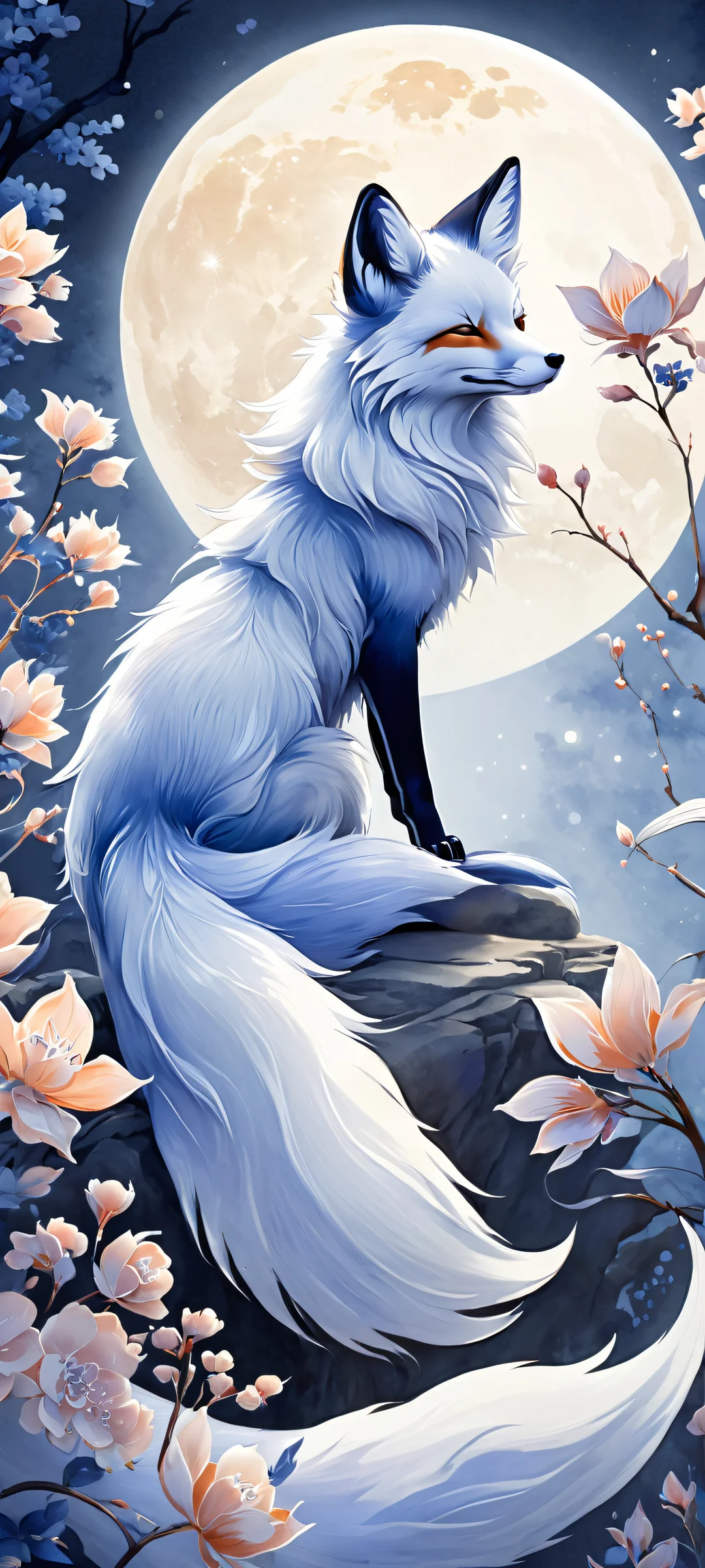 A serene moonlit garden featuring the majestic Kitsune Fox Spirit, optimized for iPhone and Android devices.