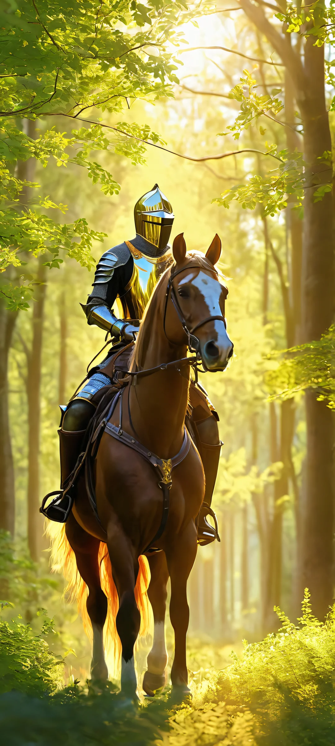 Moonlit Knight's Quest 2K QHD Mobile Wallpaper A majestic horseback rider amidst a sun-drenched forest, suitable for iPhone and Android home screens.