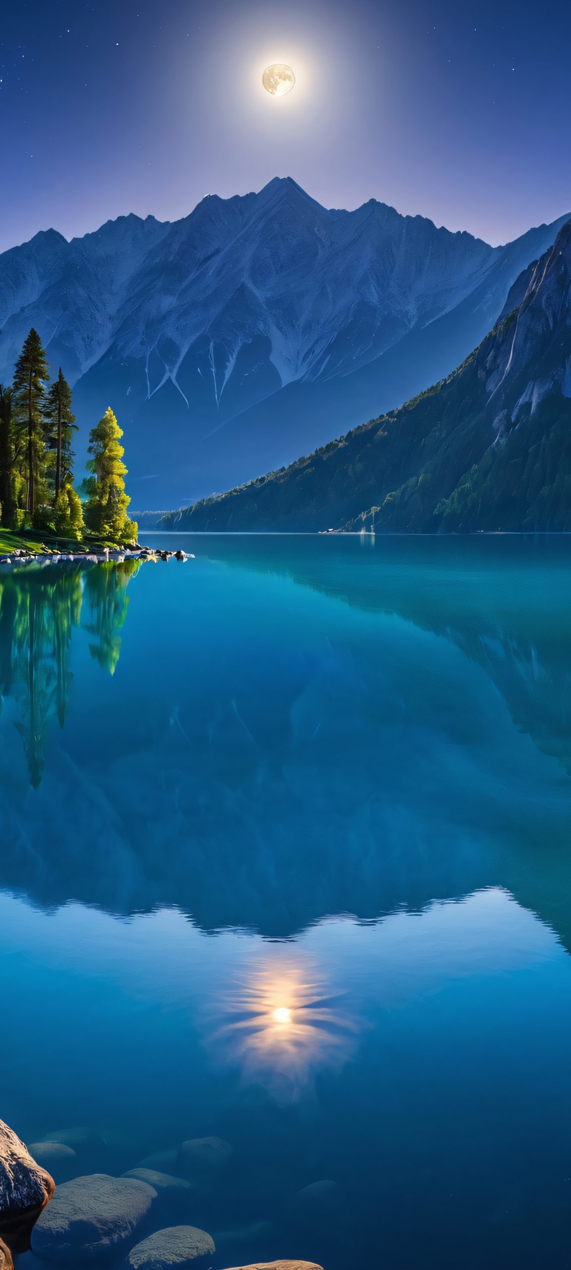 A serene moonlit lake scene on your iPhone or Android home screen.