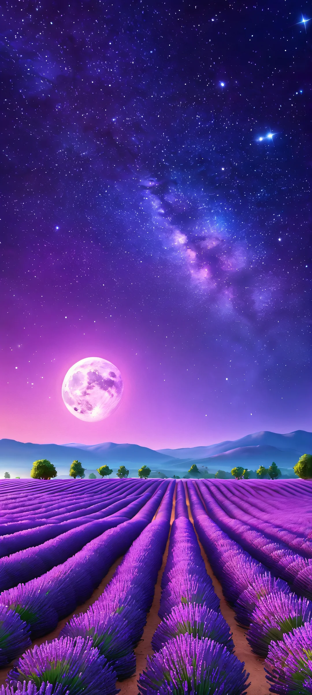 A beautiful digital painting of a lavender field under the night sky, perfectly optimized for iPhone and Android home screens.