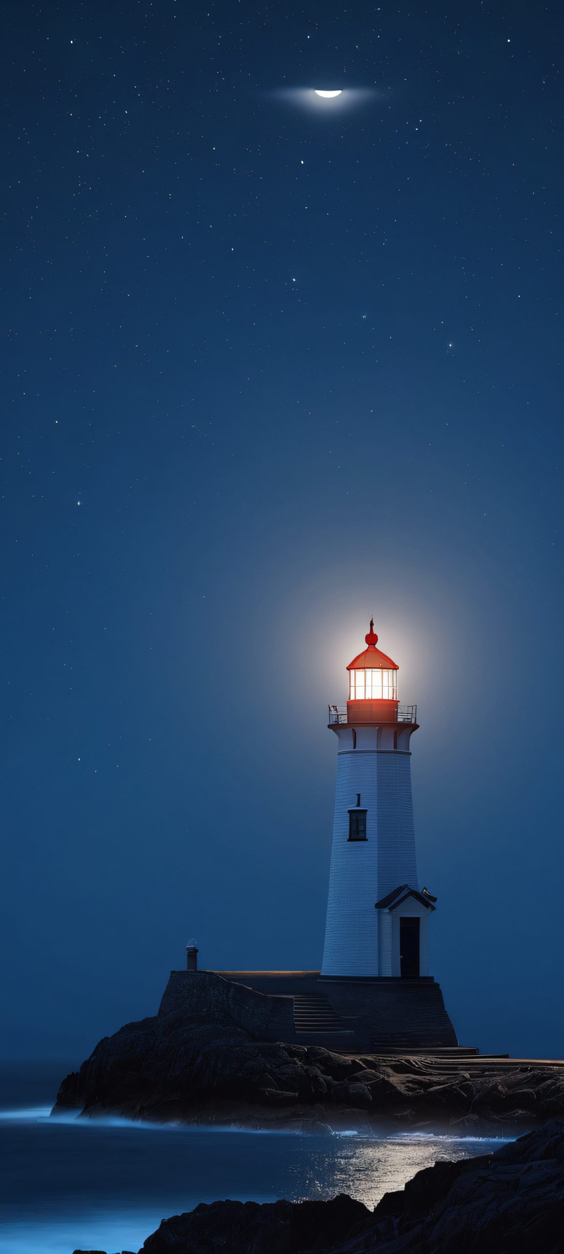 iPhone/Android wallpaper: A serene moonlit lighthouse at night, with deep blues and dark greys, perfectly optimized for your home screen.