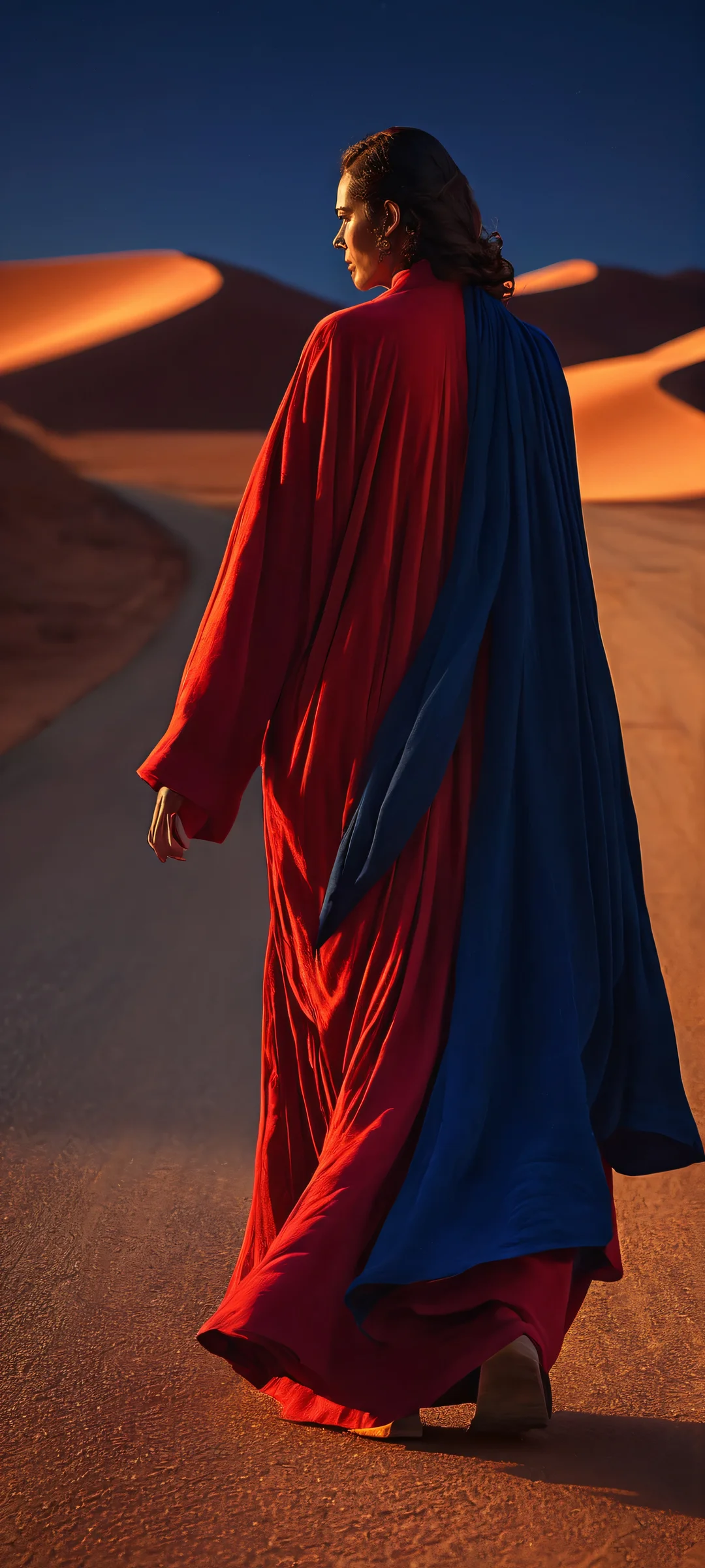A stunning mobile wallpaper of a figure in a crimson robe standing on a desert highway at night, under the moon's golden glow. Compatible with iPhone and Android devices.