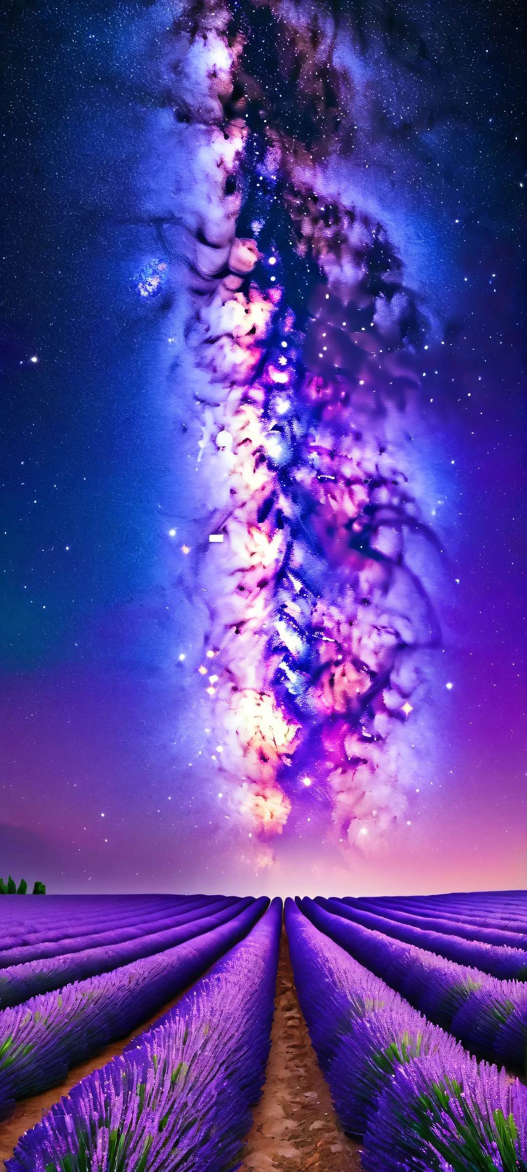 iPhone and Android users will love this stunning Milky Way wallpaper, set against a serene lavender field under the gentle light of the moon.
