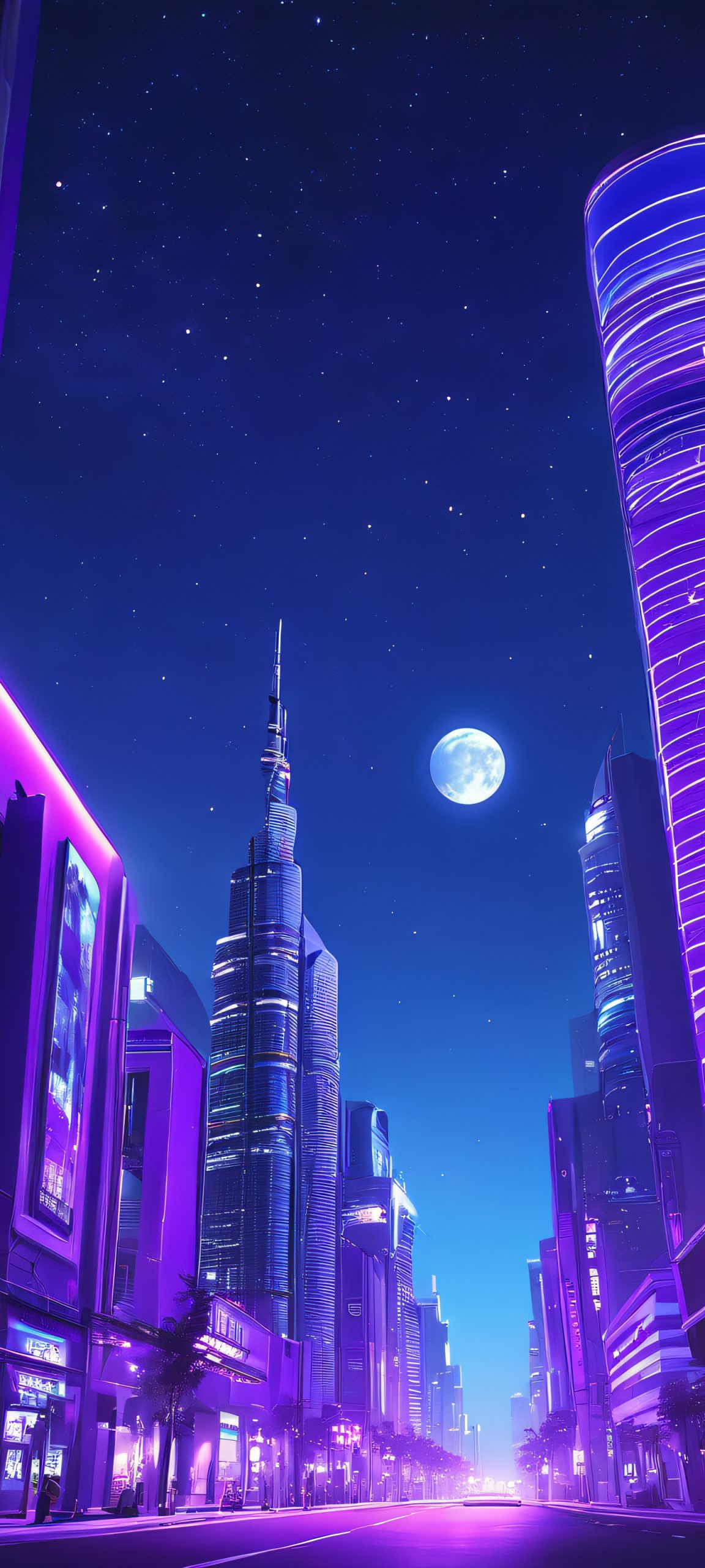 Moonlit Metropolis QHD Phone Background A serene nighttime cityscape on an iPhone/Android, featuring a majestic moonlit metropolis with hues of blue, purple, and gray.