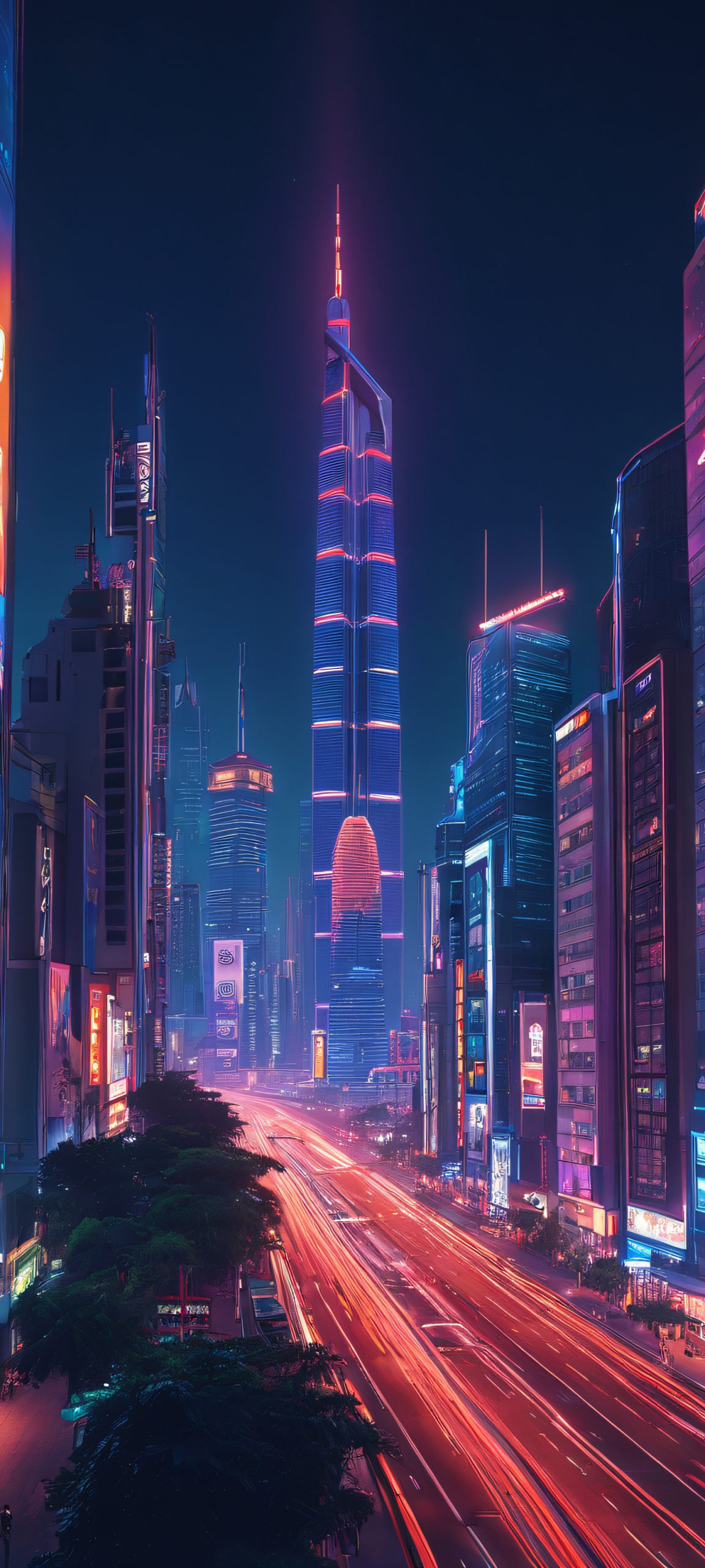 Illuminated cityscape at night, featuring sleek skyscrapers and bustling streets, perfectly suited for iPhone and Android devices.