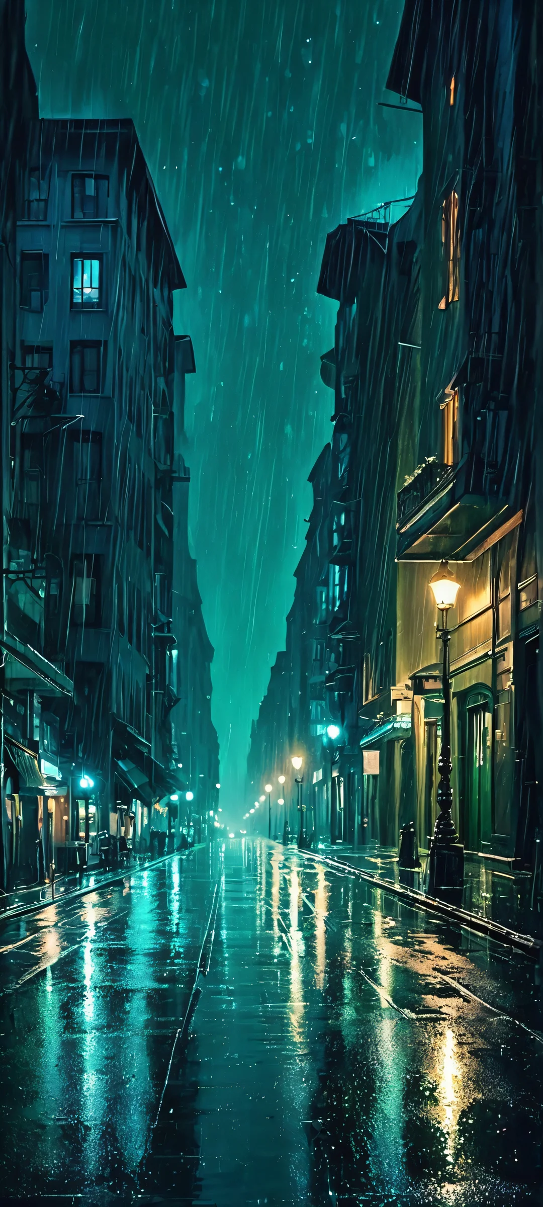 A rainy night cityscape on a smartphone screen, perfectly optimized for iPhone and Android devices