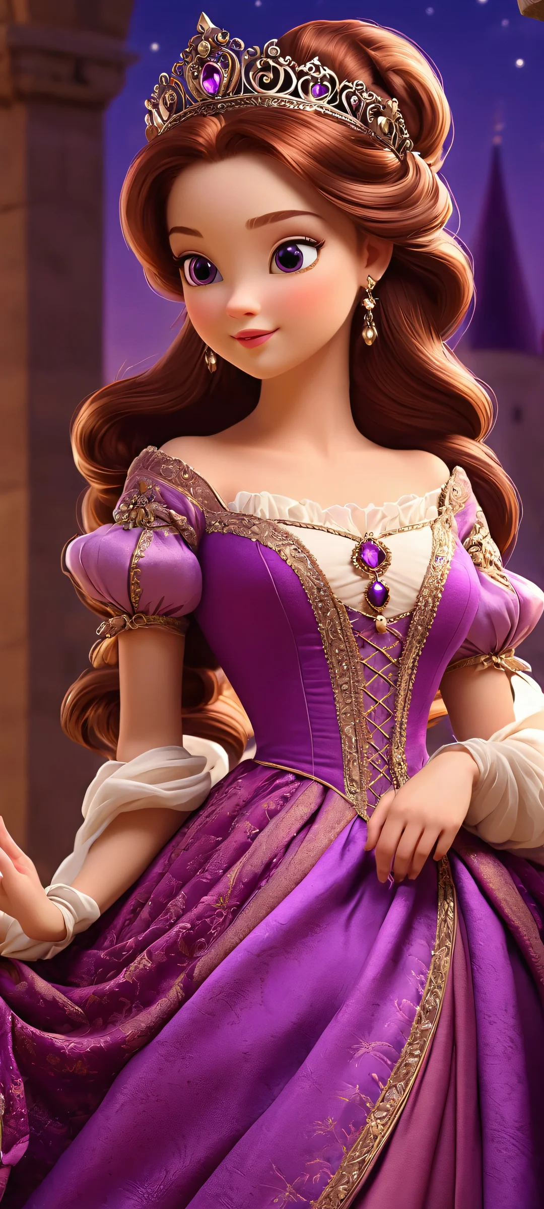 A beautiful princess standing in front of a misty castle at night, perfectly optimized for iPhone and Android home screens.