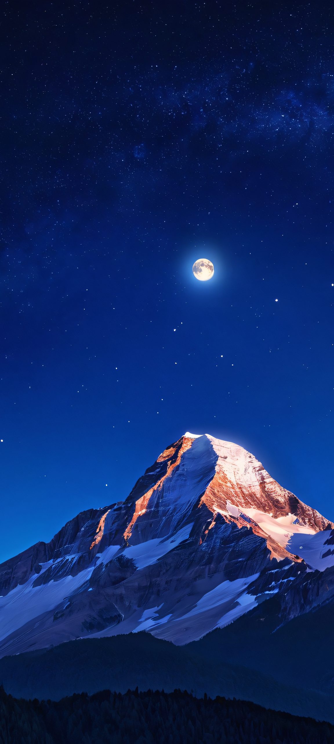 A stunning night sky scene of a mountain illuminated by the moon's gentle light, perfect for iPhone and Android devices.