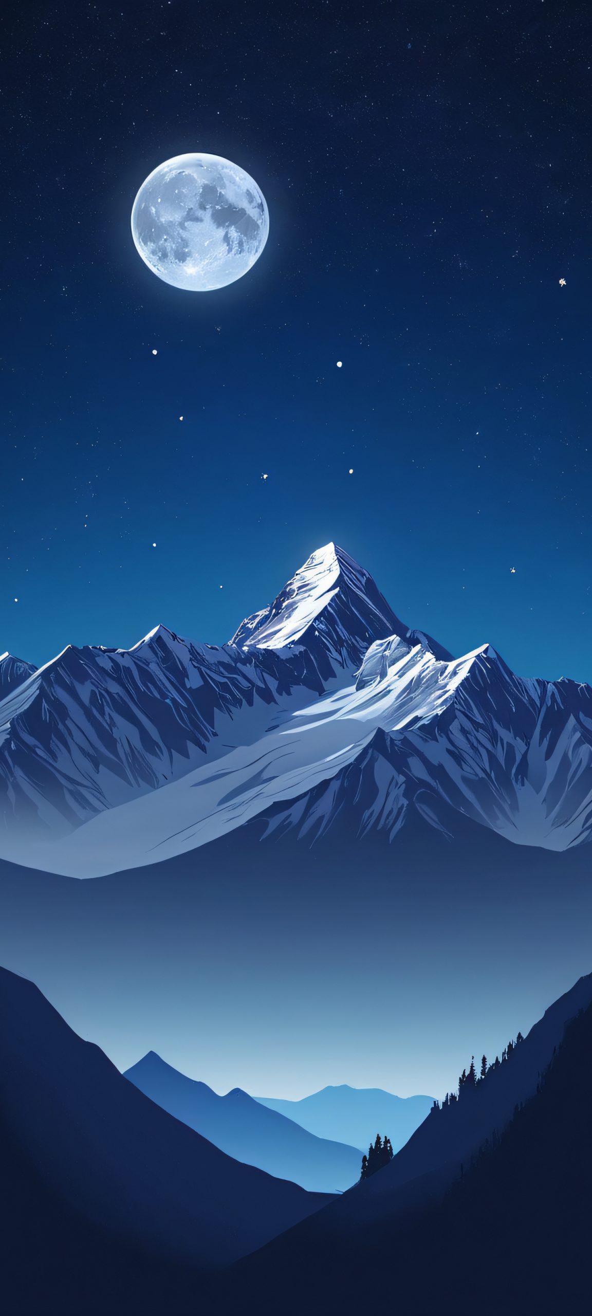 iPhone and Android users, immerse yourself in the serene beauty of this moonlit mountain landscape, with its breathtaking blue-gray hues and delicate starry sky