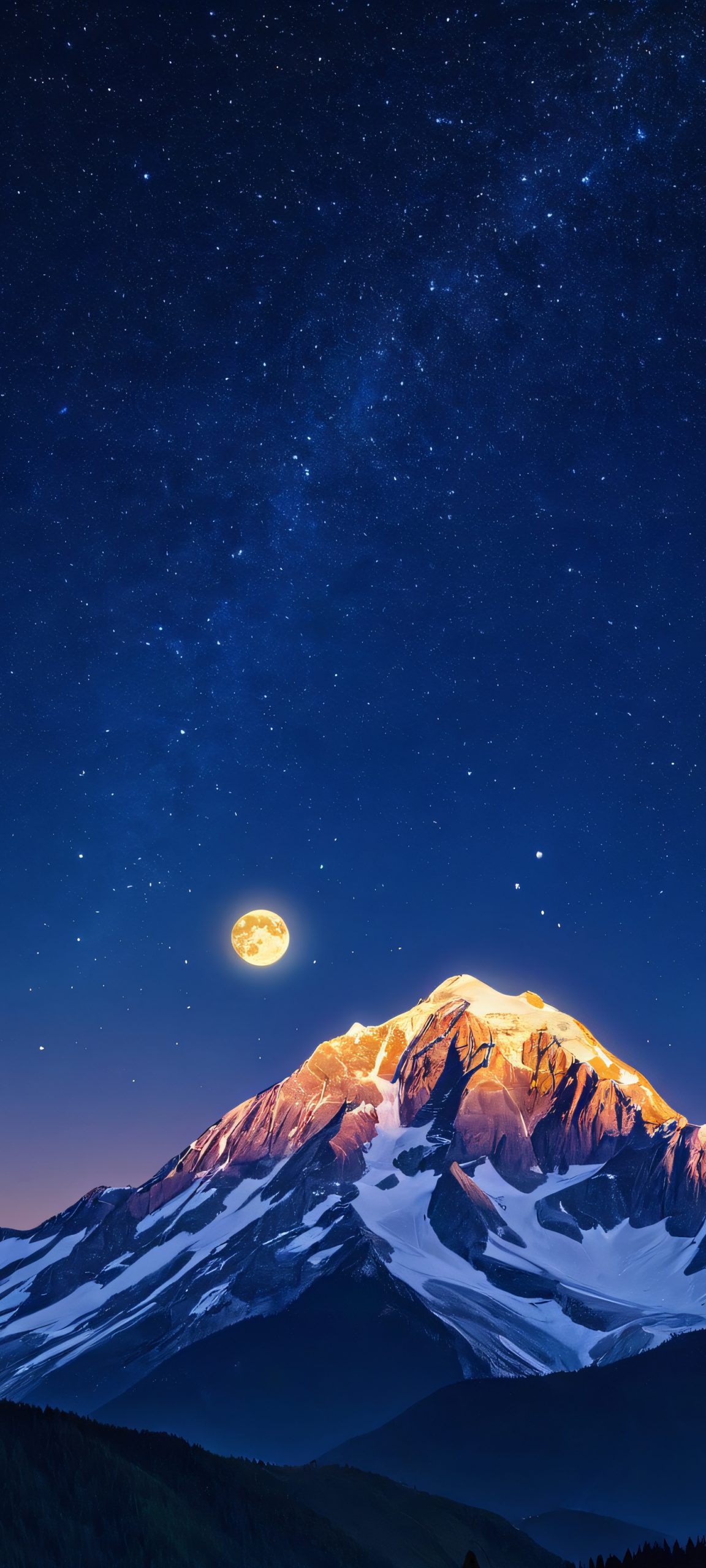 A serene moonlit mountain landscape, perfectly suited for iPhone and Android devices, with a stunning starry night sky.