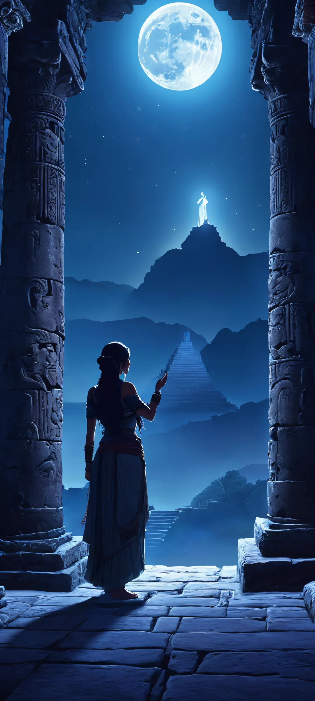 Mystical figure standing in front of ancient ruins at night, illuminated by the light of the moon. Perfect for iPhone and Android home screens.
