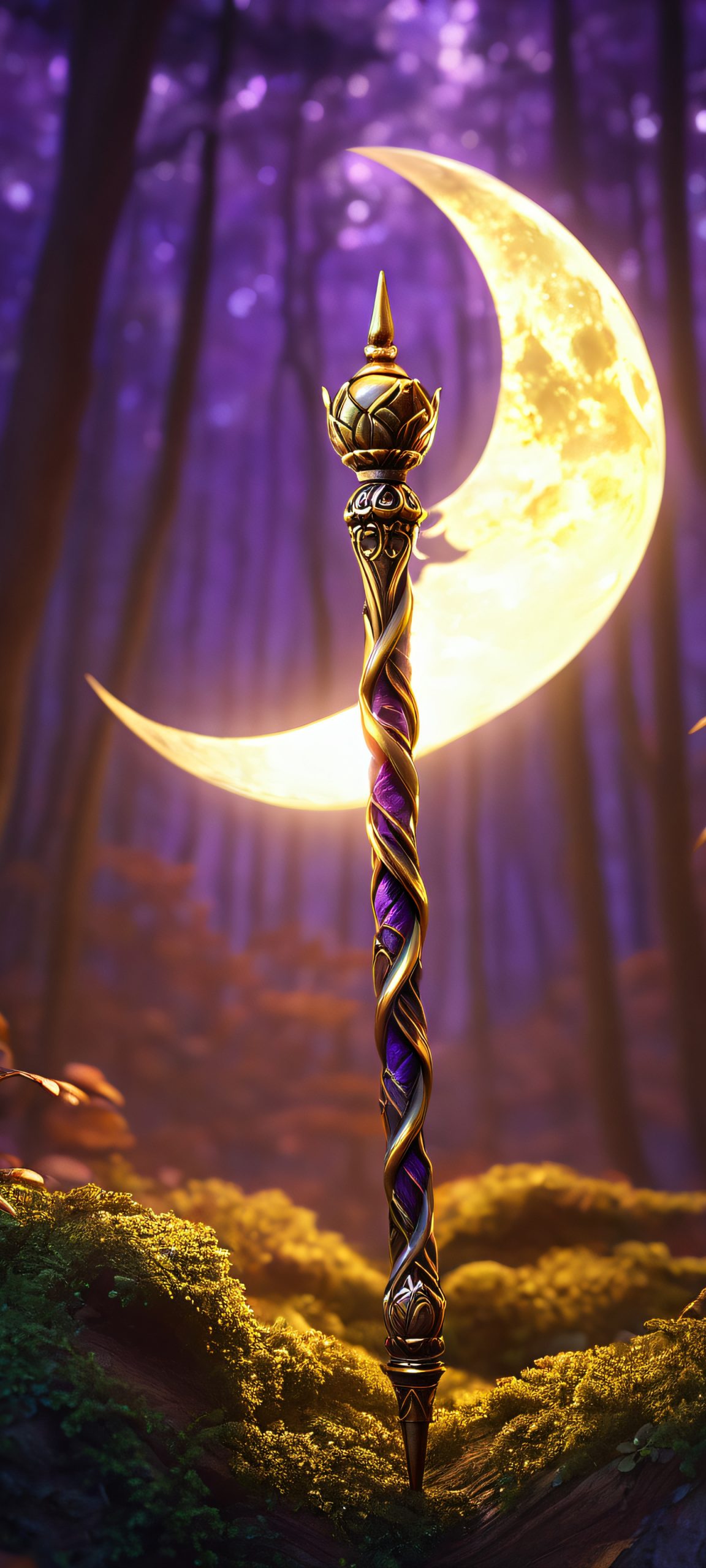 Moonlit Mystic QHD Phone Background A magical staff stands tall amidst a mystical forest under the silvery glow of the moon. Perfectly suited for your iPhone or Android home screen.