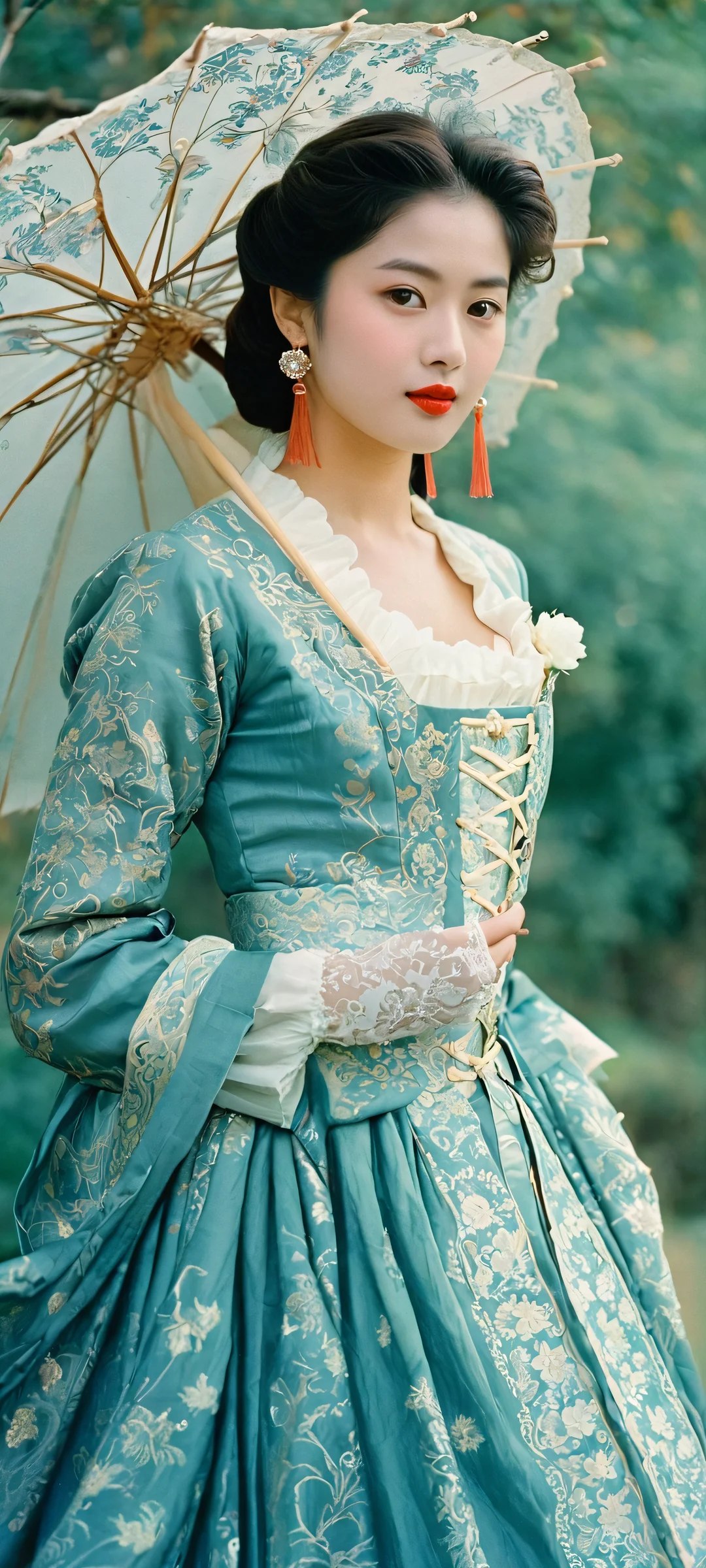 A stunning mobile wallpaper of a girl in traditional attire standing by the ocean waves at night, iPhone と Android のホーム画面に完全に最適化.