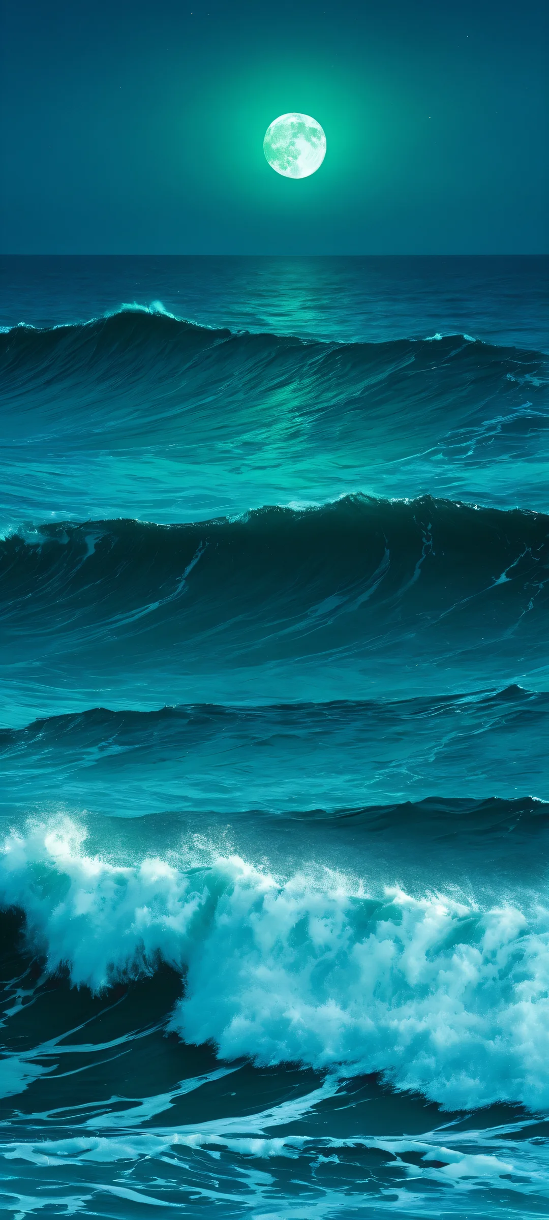iPhone and Android users can now experience the majesty of ocean waves under the soft glow of a full moon. This stunning vertical wallpaper captures the drama of the dark ocean night with its deep blues and dark greens.