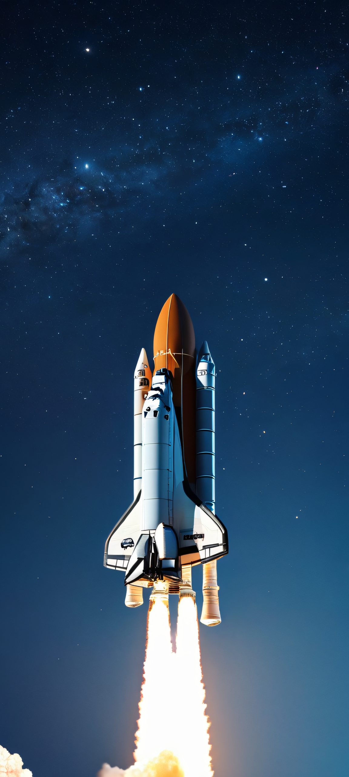 A surreal mobile wallpaper featuring a space shuttle soaring through a moonlit night sky, perfectly optimized for iPhone, Samsung Galaxy, and Android home screens.