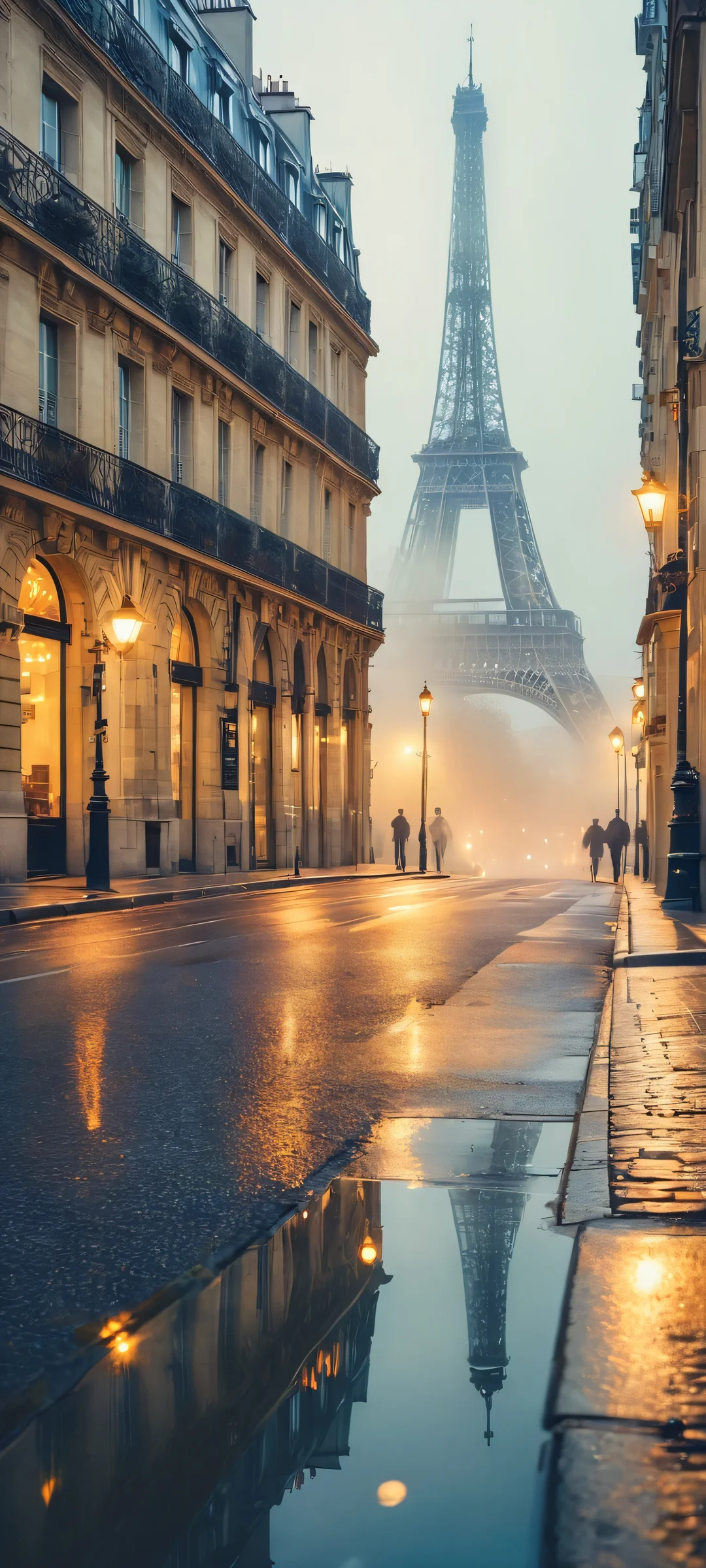 iPhone and Android users, enhance your lock screen with this breathtaking foggy cityscape of Paris at night, featuring realistic reflections and a yellowish tint.