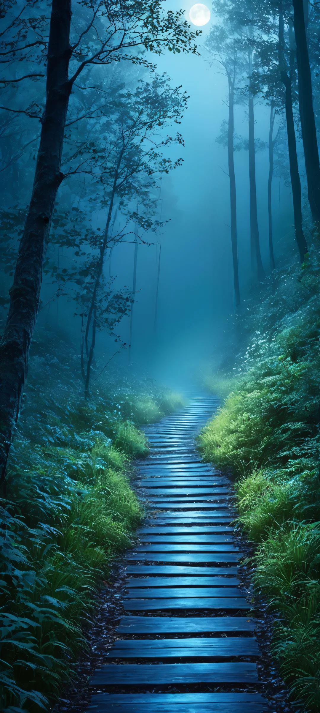 Moonlit Serenity 2K Phone Wallpaper iPhone and Android users can adorn their home screens with this breathtakingly beautiful moonlit path in a misty night forest, bathed in soft blue hues.