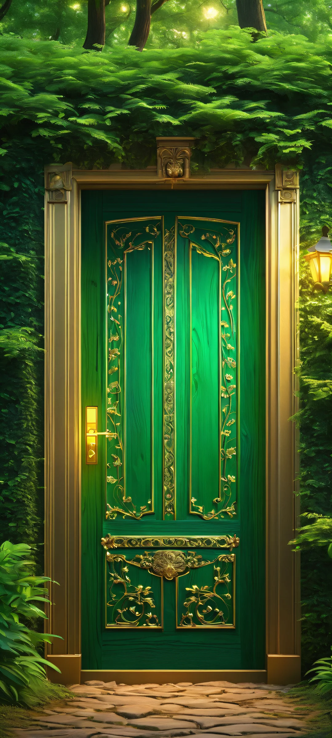 A glowing door in a mystical forest, perfectly suited for iPhone or Android devices.