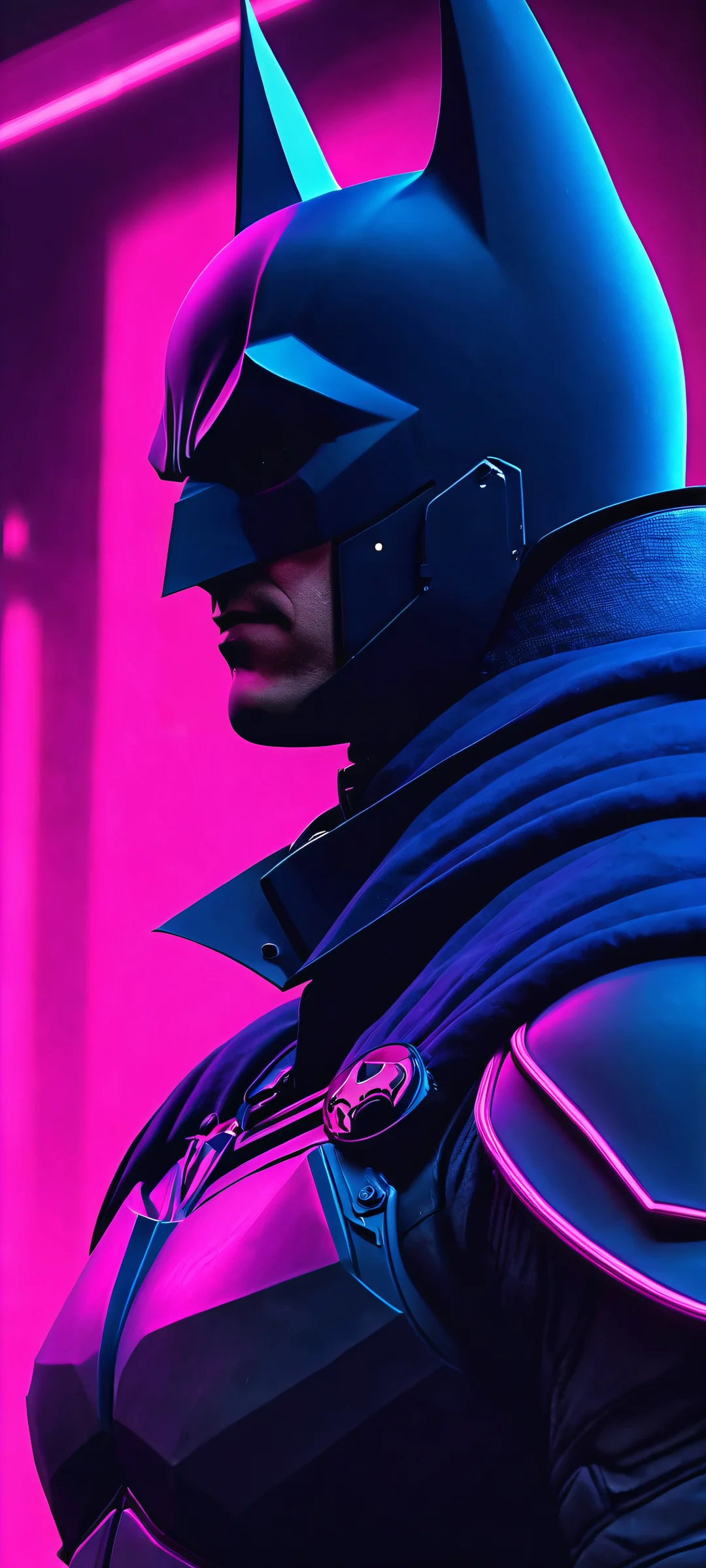 iPhone and Android users alike will marvel at this stunning dark knight wallpaper featuring ethereal nightscapes, retrofuturism, and moonlit shadows in midnight blue and neon pink hues.