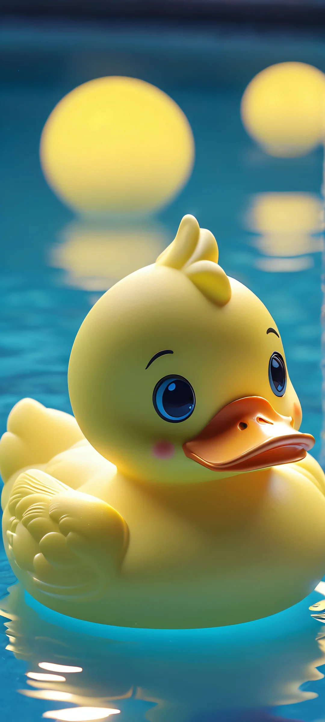 A serene rubber duck floats on a moonlit pool, iPhone and Android friendly, perfect for your mobile phone's home screen.