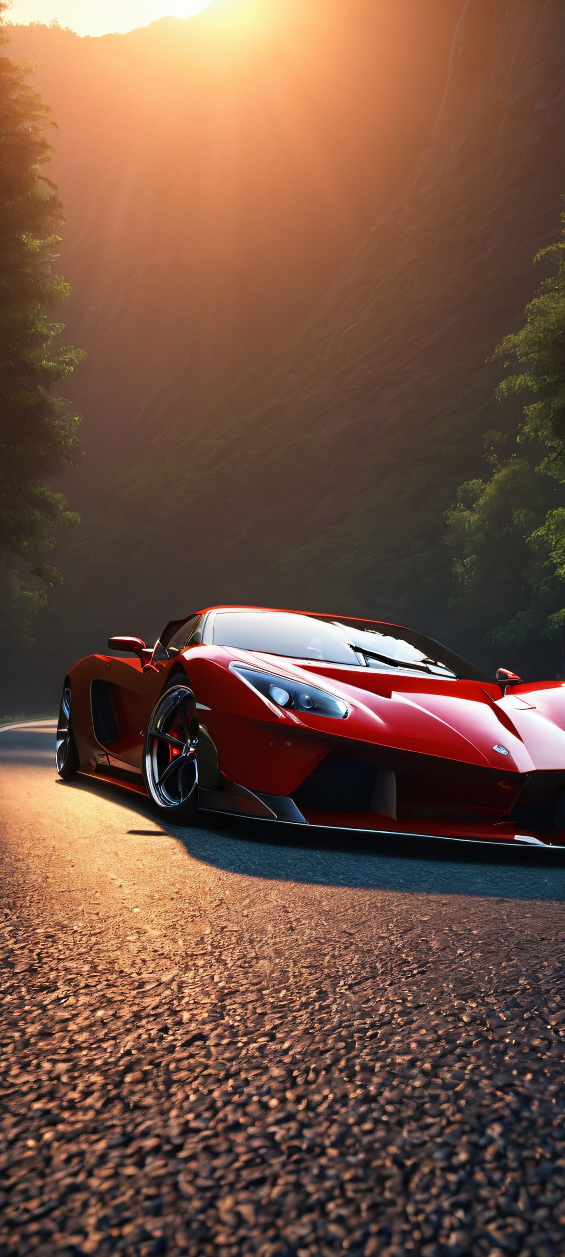 A dramatic night scene of a car driving on a dark road under the moonlight, perfect for iPhone and Android phone home screens.