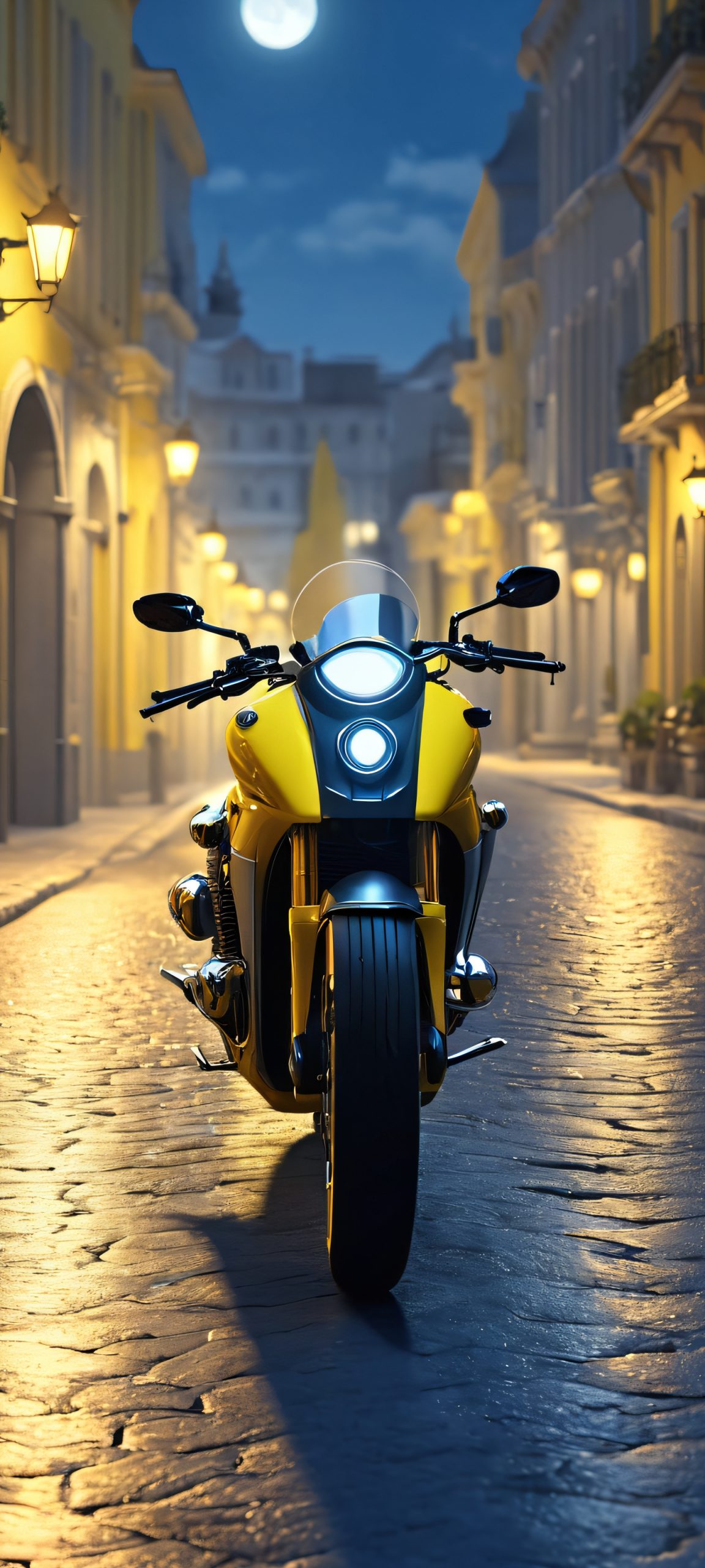 Moonlit Rider, City Street 2K QHD Home Screen A stunning moonlit city street scene featuring a rider on a motorcycle, perfectly optimized for iPhone and Android home screens.