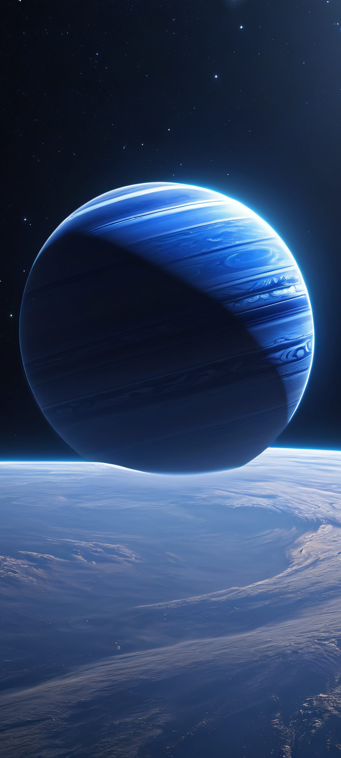 Surreal space scene of a ringed planet glowing under moonlight, perfect for iPhone and Android home screens