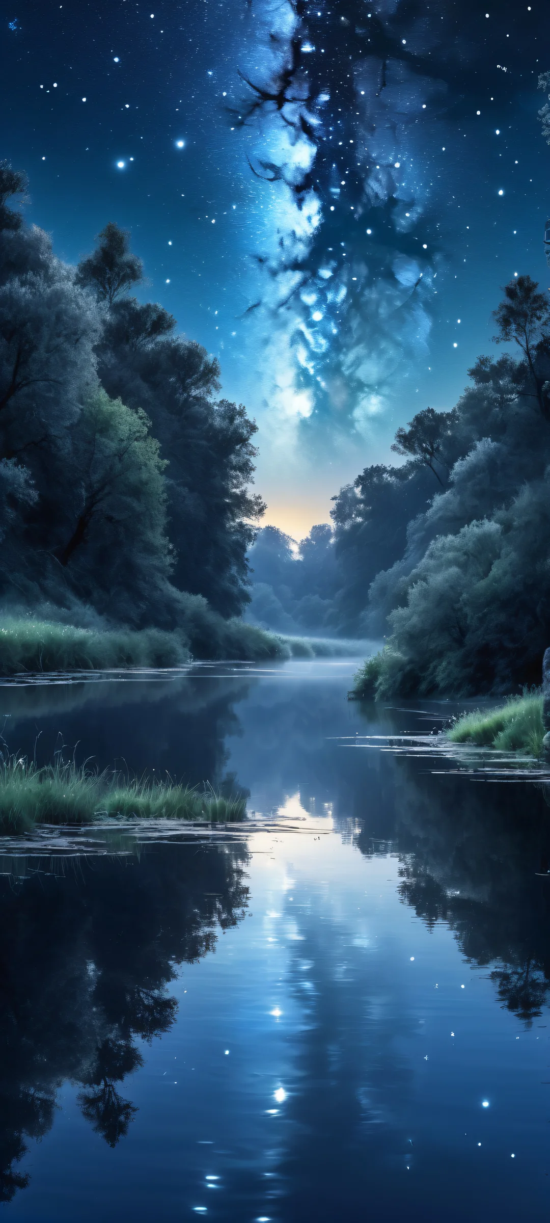 Moonlit River Reflections 2K QHD Home Screen A serene digital painting of a moonlit river reflecting the starry sky, perfectly optimized for iPhone and Android home screens.