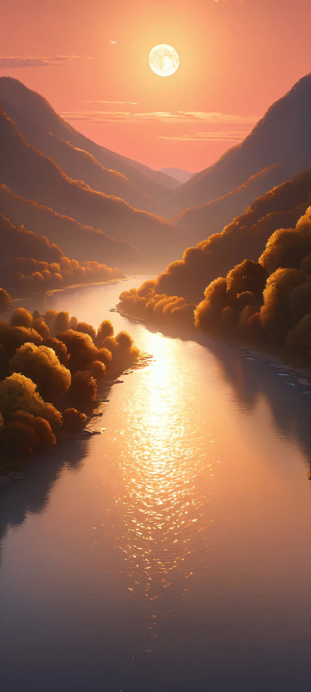 River valley at night with glowing light and a golden moon, perfectly optimized for iPhone and Android home screens.