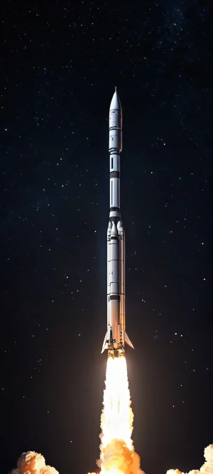 iPhone and Android users, get ready to be launched into space with this stunning vertical mobile wallpaper featuring a rocket's dramatic takeoff against a dark starry sky.
