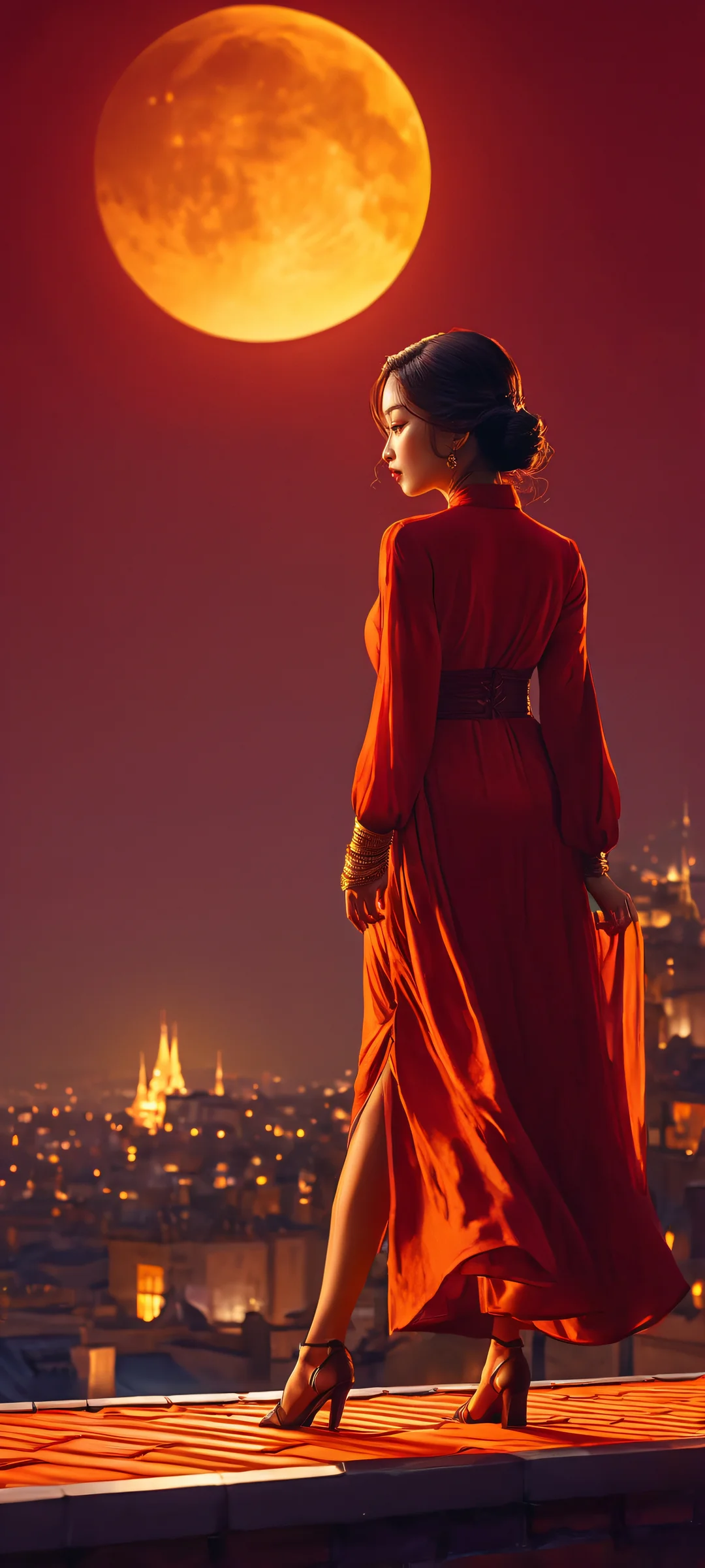 iPhone and Android users will adore this stunning night cityscape with a rooftop figure bathed in golden glow under the moonlight.