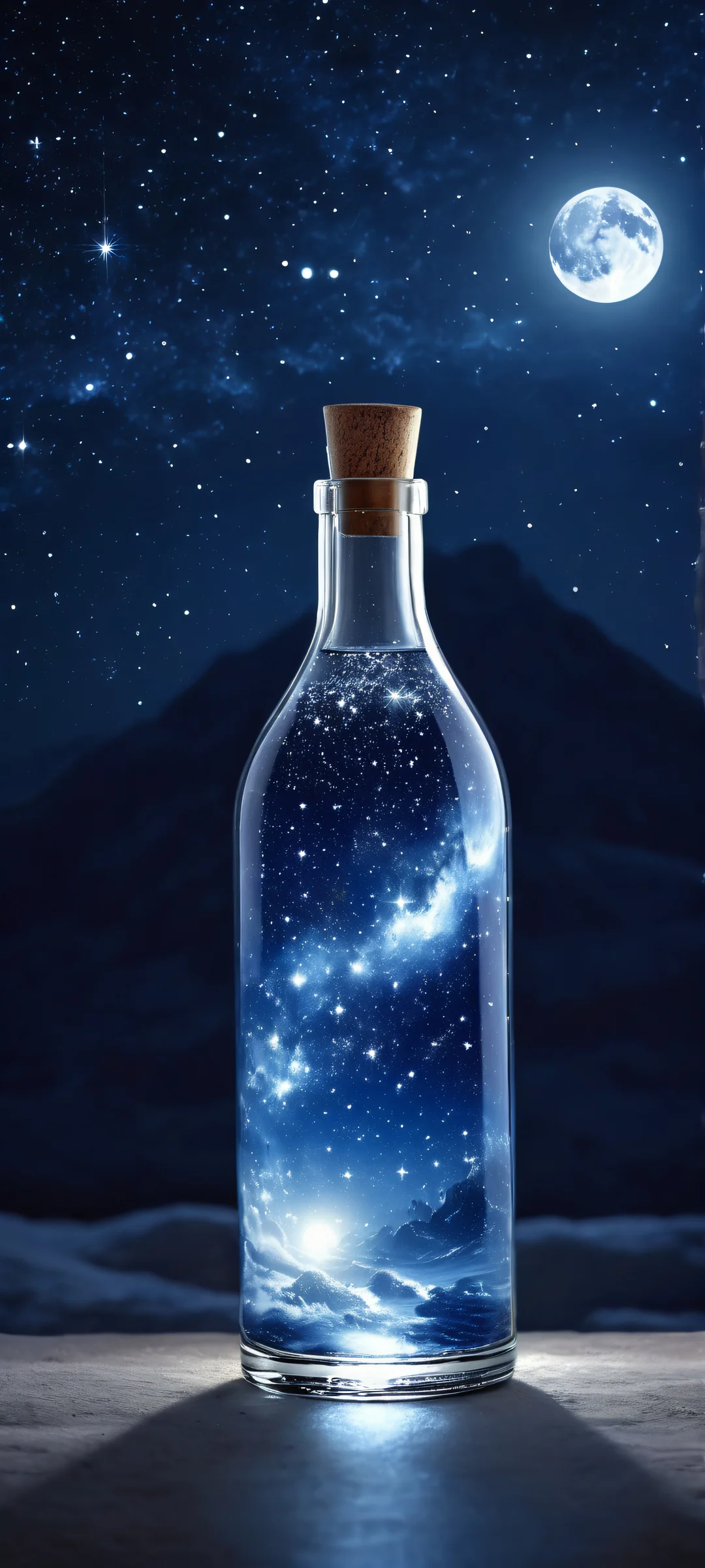 A stunning vertical mobile wallpaper of a starry sky with a glass bottle and moonlight, perfect for iPhone and Android devices.