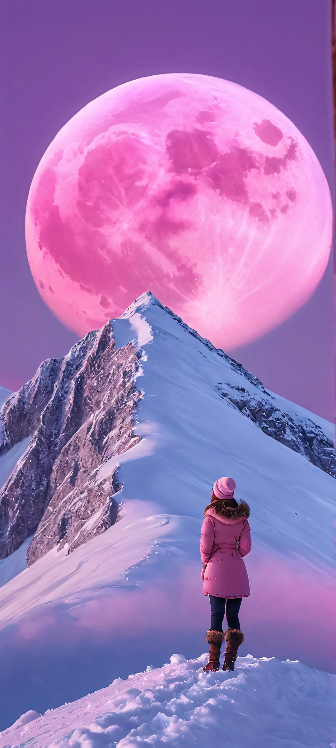A woman standing on a snowy peak, looking up at the moon, with a dreamy pink sky in the background. Perfectly optimized for iPhone and Android home screens.