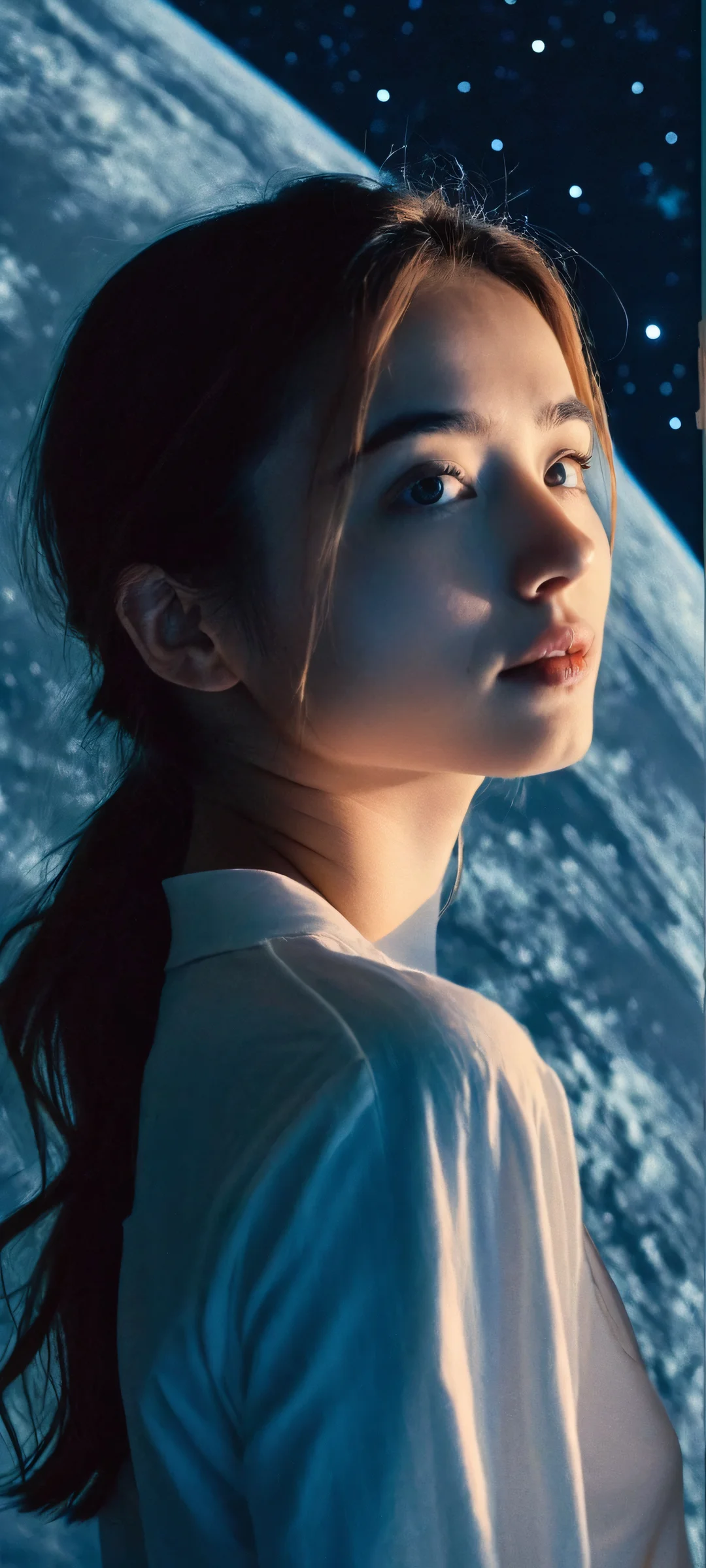iPhone and Android user, immerse yourself in this stunning vertical mobile wallpaper featuring a girl surrounded by the ethereal beauty of space, captured on 35mm film.
