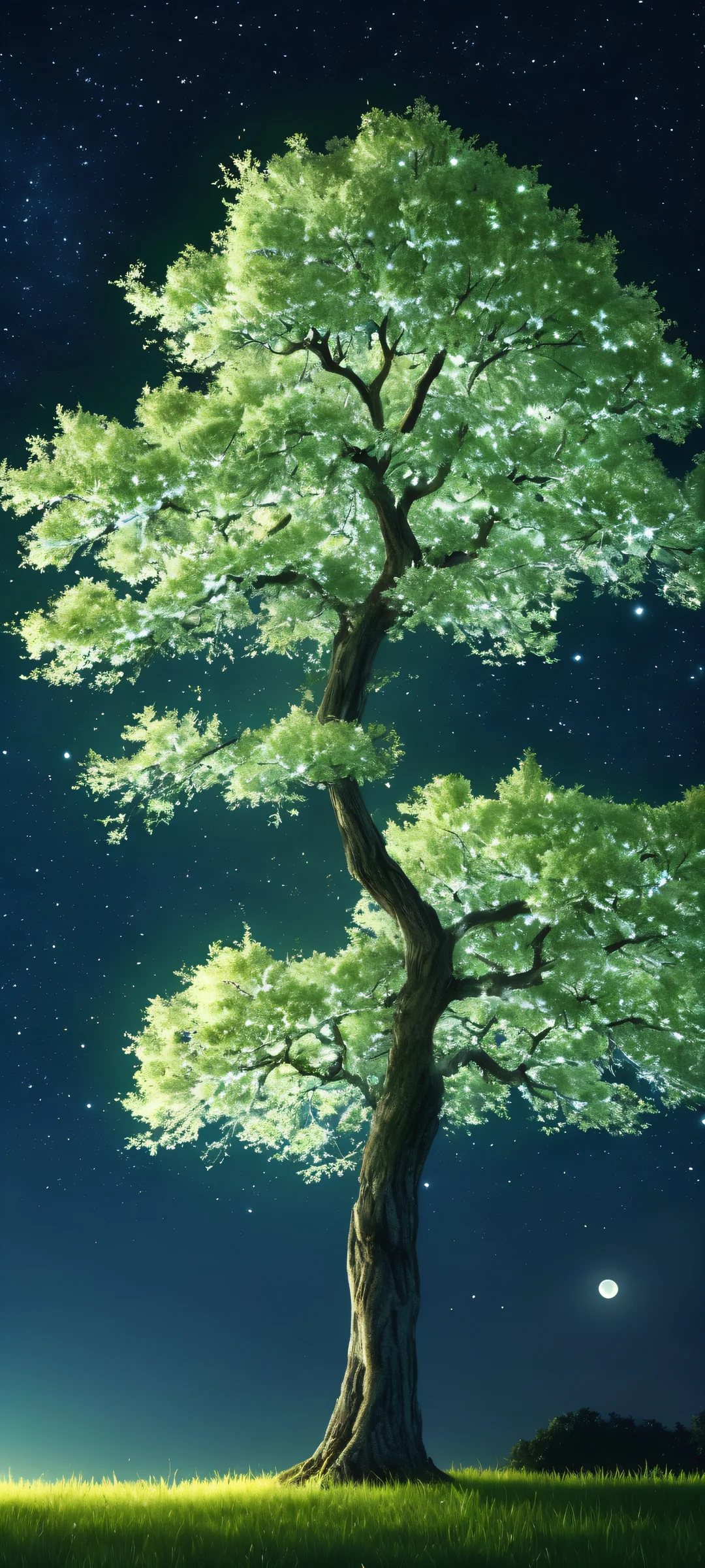 A peaceful glowing tree under a starry night sky, perfectly lit by the soft glow of the moon. Ideal for iPhone and Android home screens.