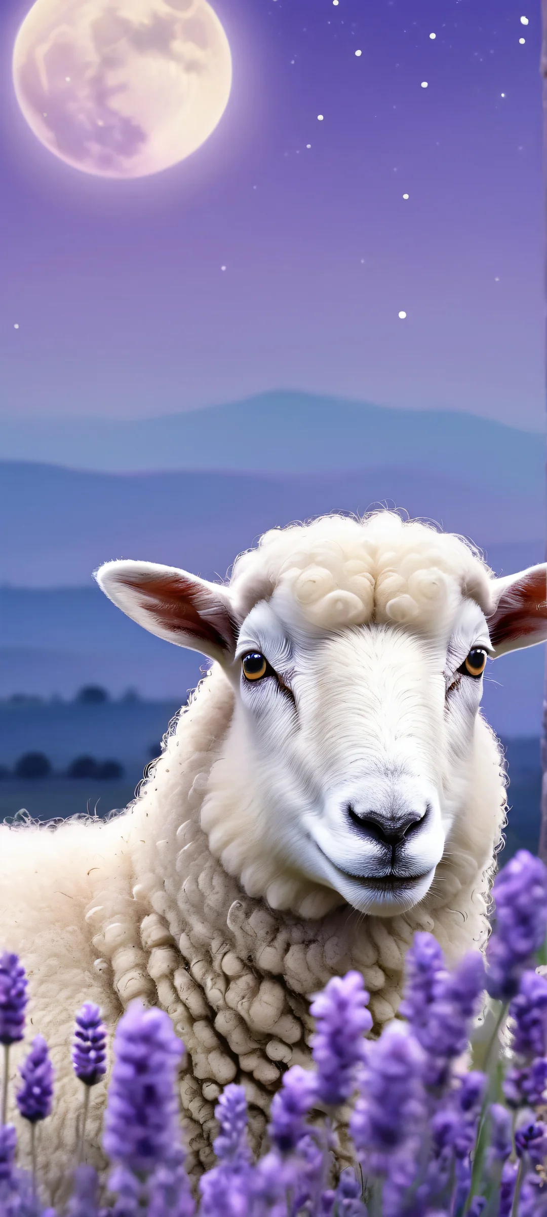 A serene moonlit scene of sheep grazing in a field, painted with soft lavender and creamy white watercolor hues. Perfect for iPhone or Android home screens.