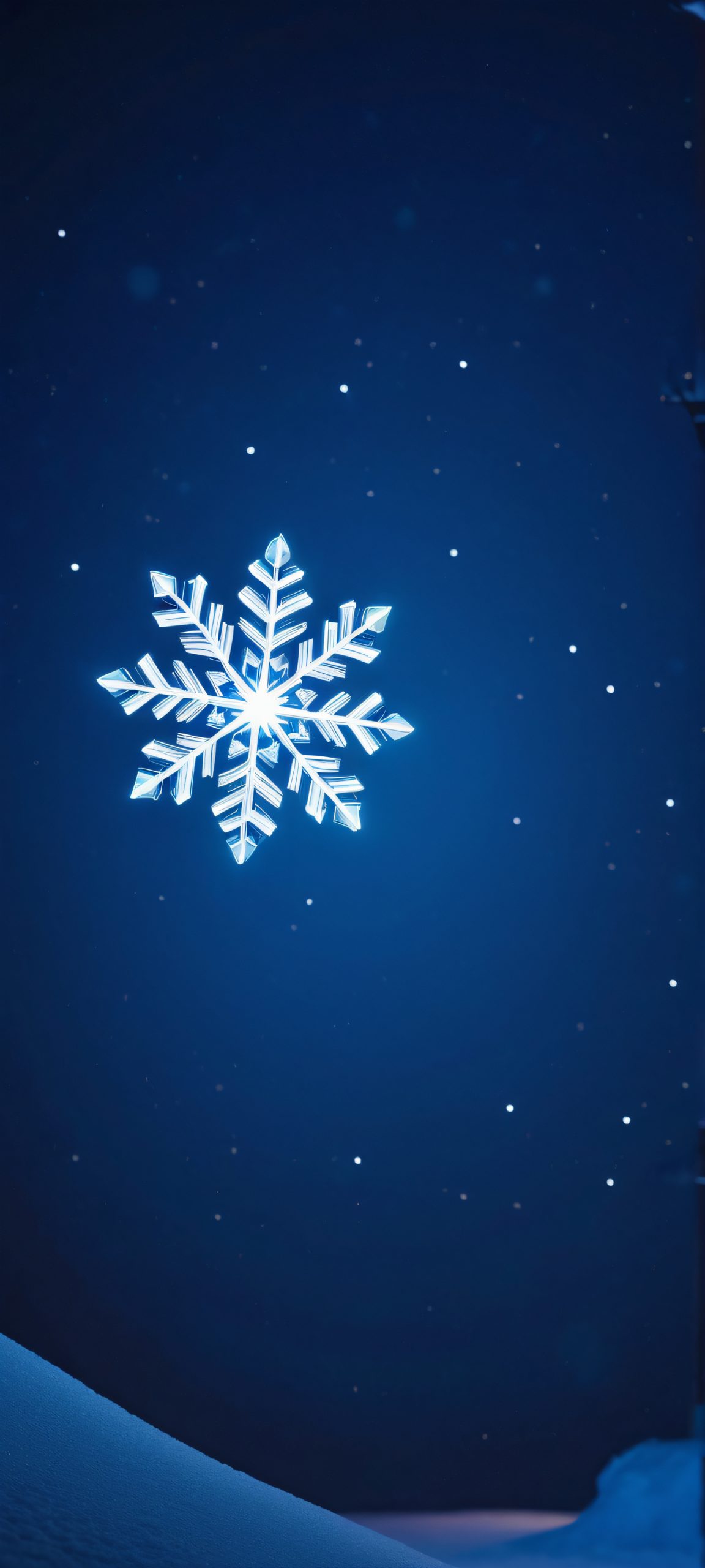 A serene moonlit scene of delicate snowflakes gently falling onto a dark background. Perfect for iPhone or Android phone home screens.