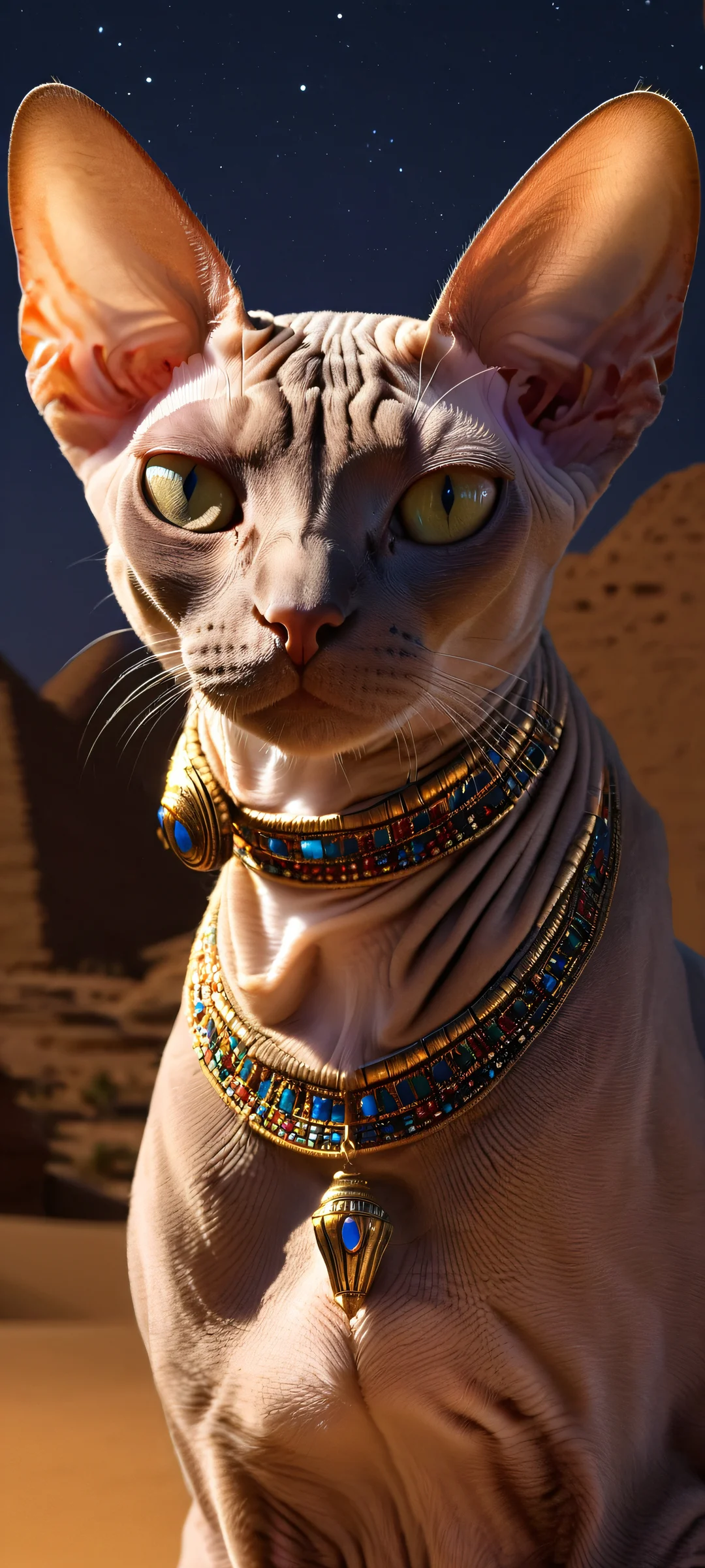 Elegant Egyptian Sphinx cat under a moonlit desert night sky - parfaitement optimisé pour les écrans d'accueil iPhone et Android.