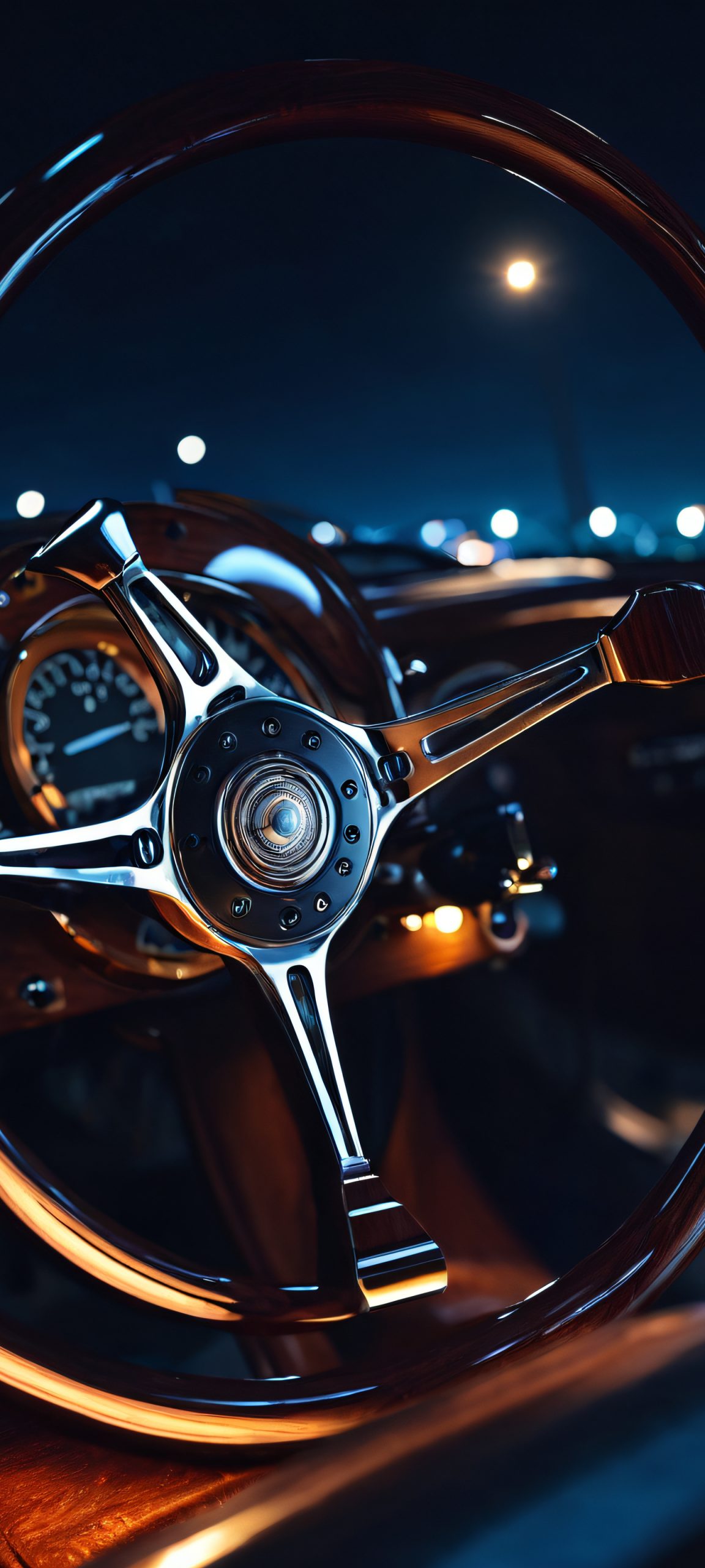 A stunning moonlit steering wheel on a dark background, perfect for iPhone and Android home screens.