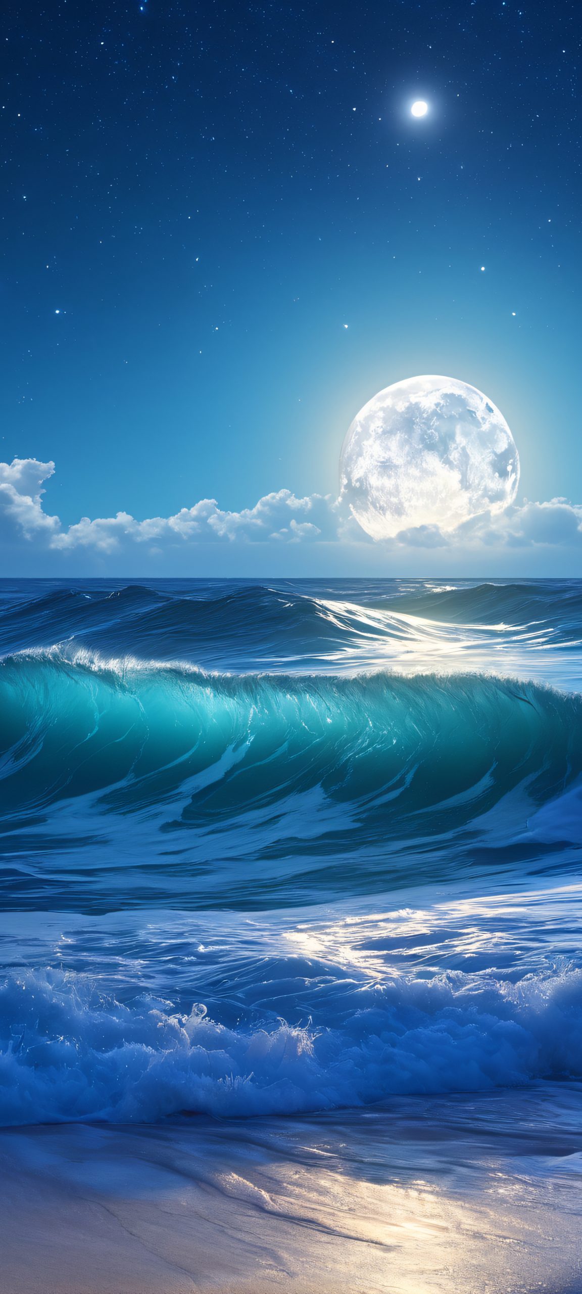 Moonlit Tides QHD Smartphone Background A serene moonlit coastal scene with gentle waves, perfectly optimized for iPhone and Android home screens.