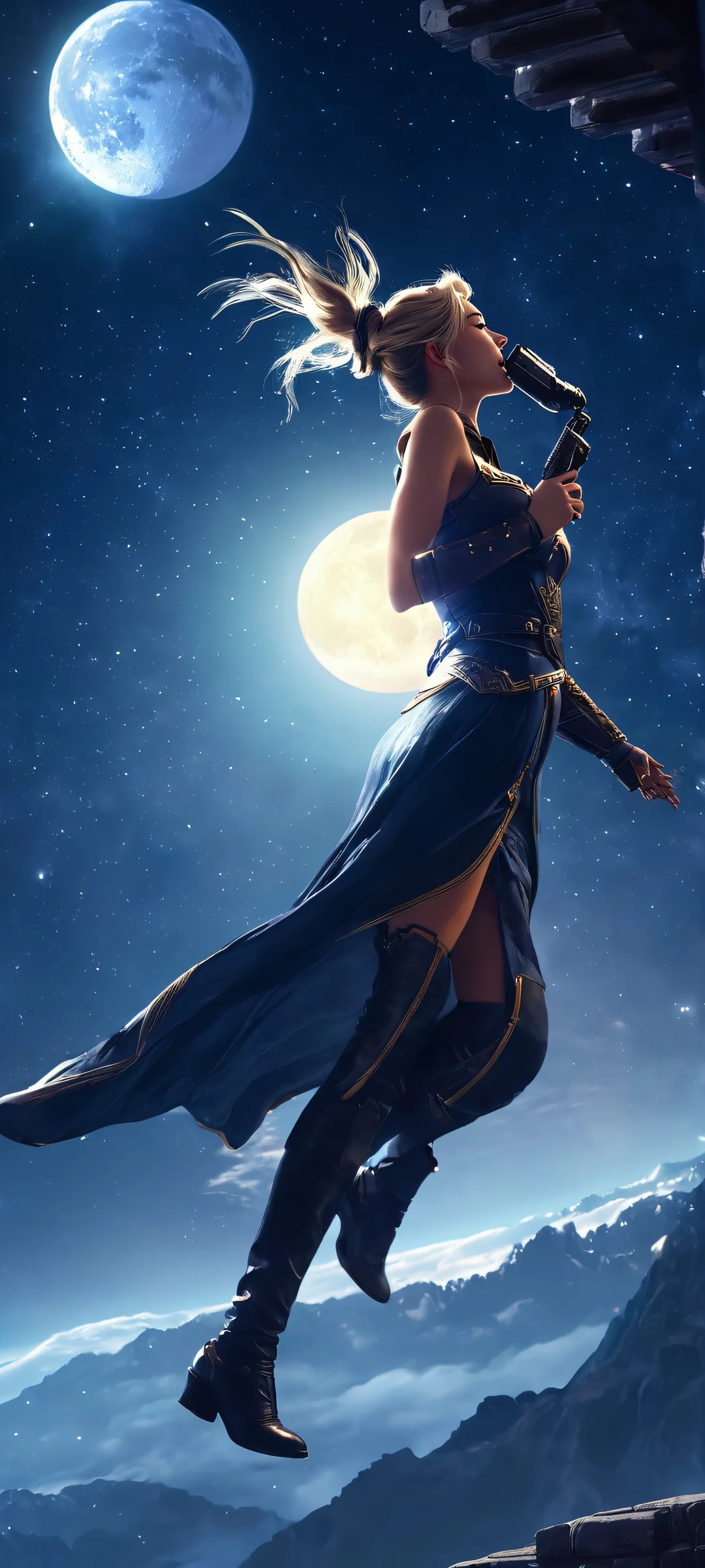 Ethereal moonlit night sky with a falling Valkyrie, perfect for iPhone/Android